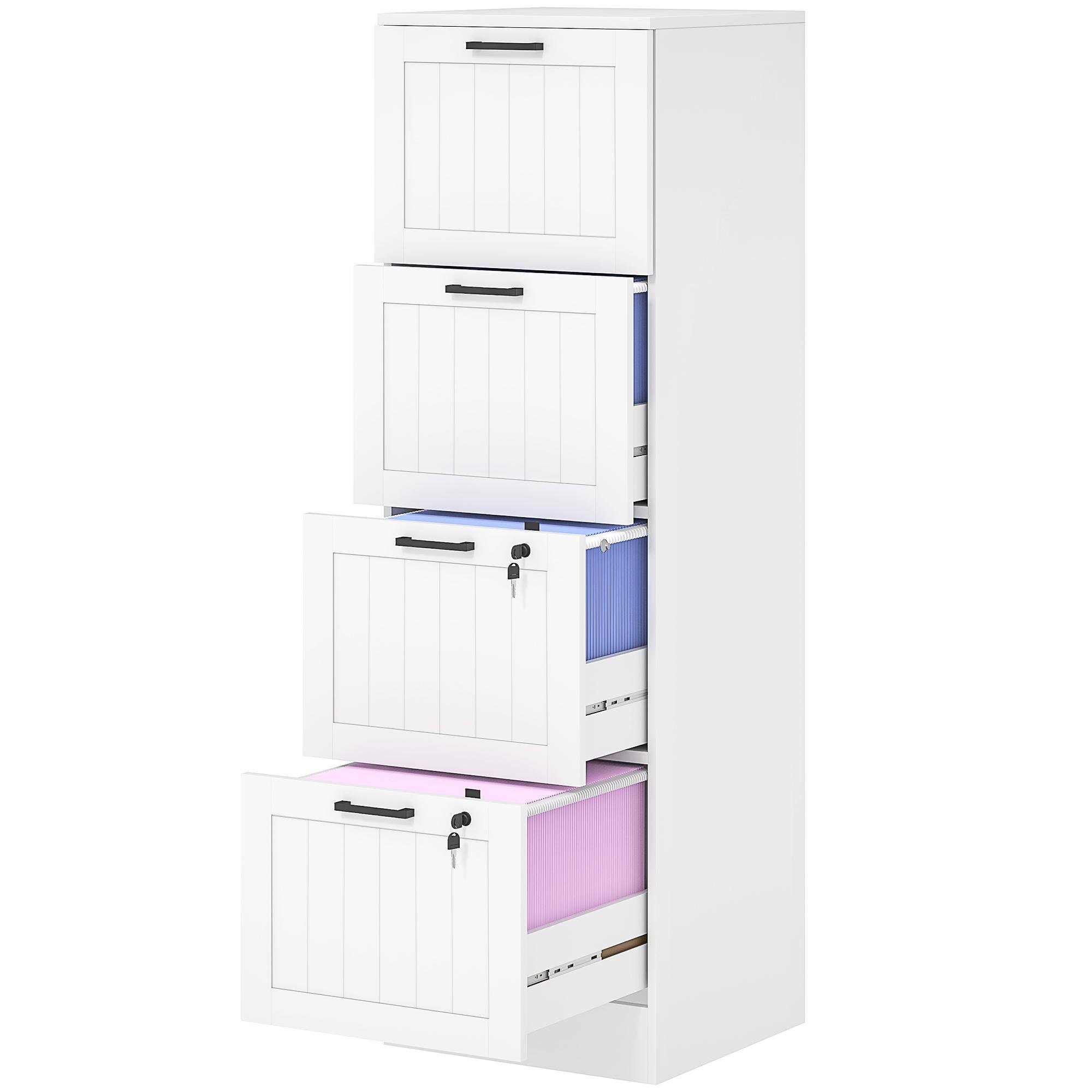 White Four Drawer File Cabinet with Adjustable Rails, 51.6-Inch Office Storage