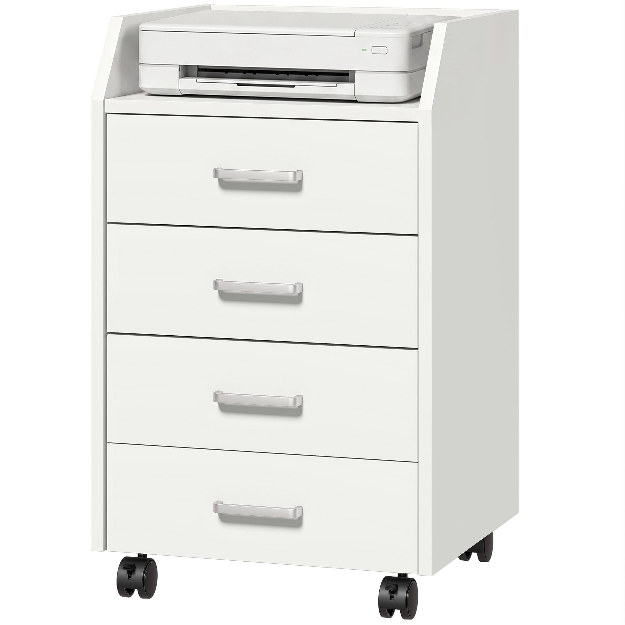 White Four Drawer Mobile Cabinet with Tabletop