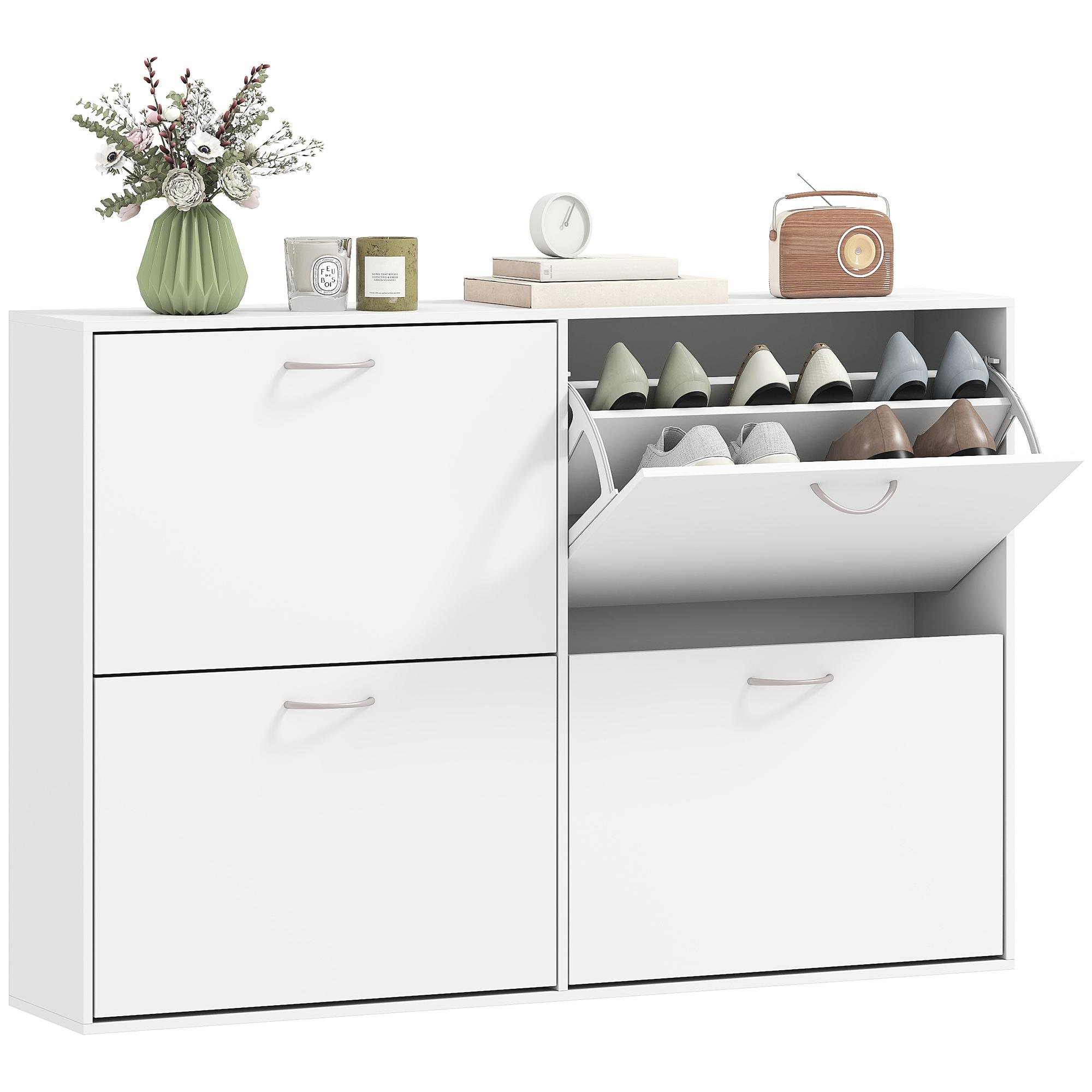White Four Drawer Shoe Cabinet with Adjustable Shelves