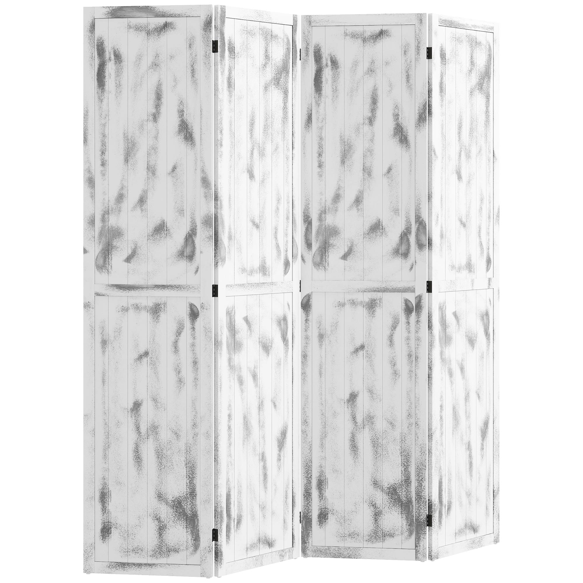 Whitewashed 4 Panel Room Screen with Foldable Design
