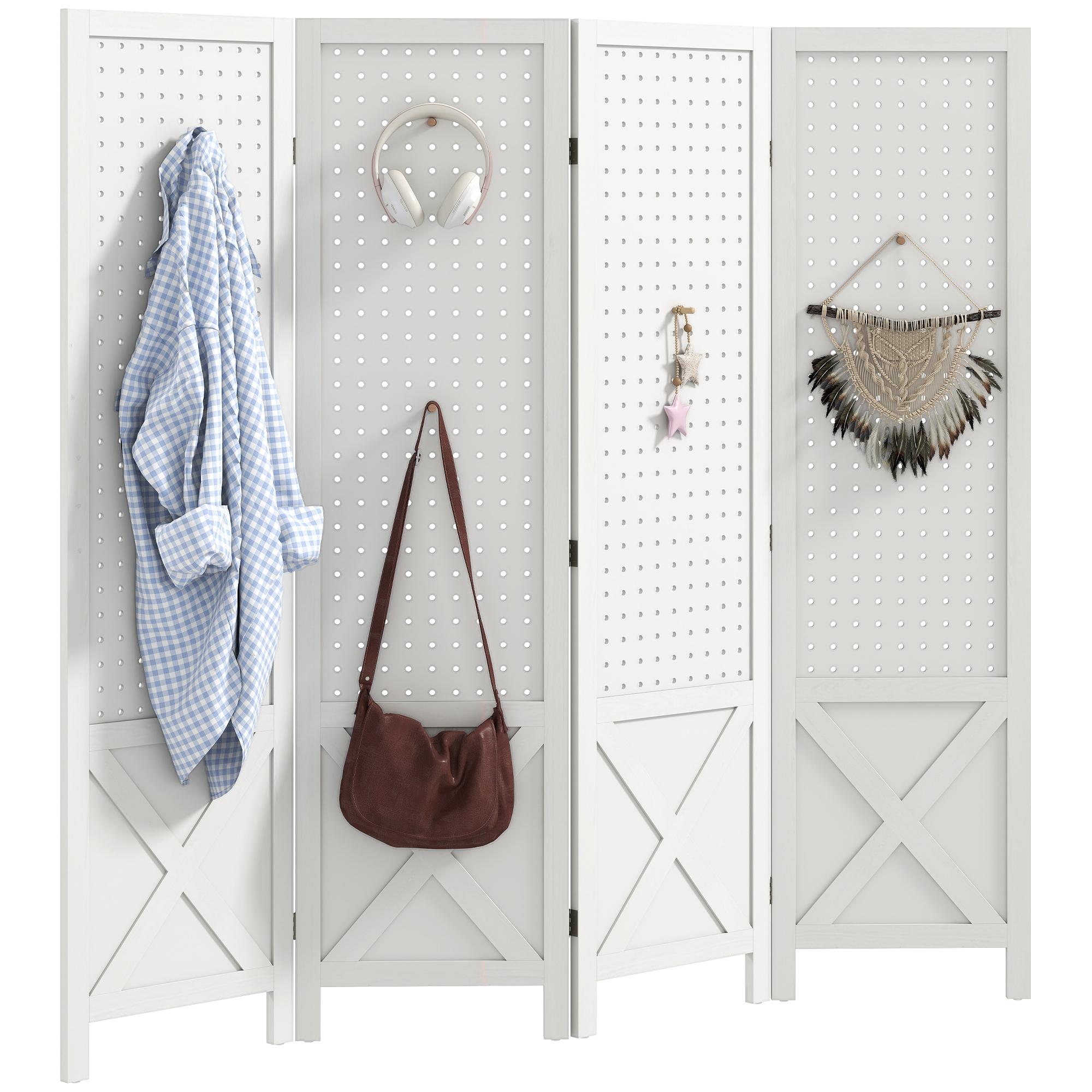 White 4 Panel Pegboard Divider with Folding Privacy Screen