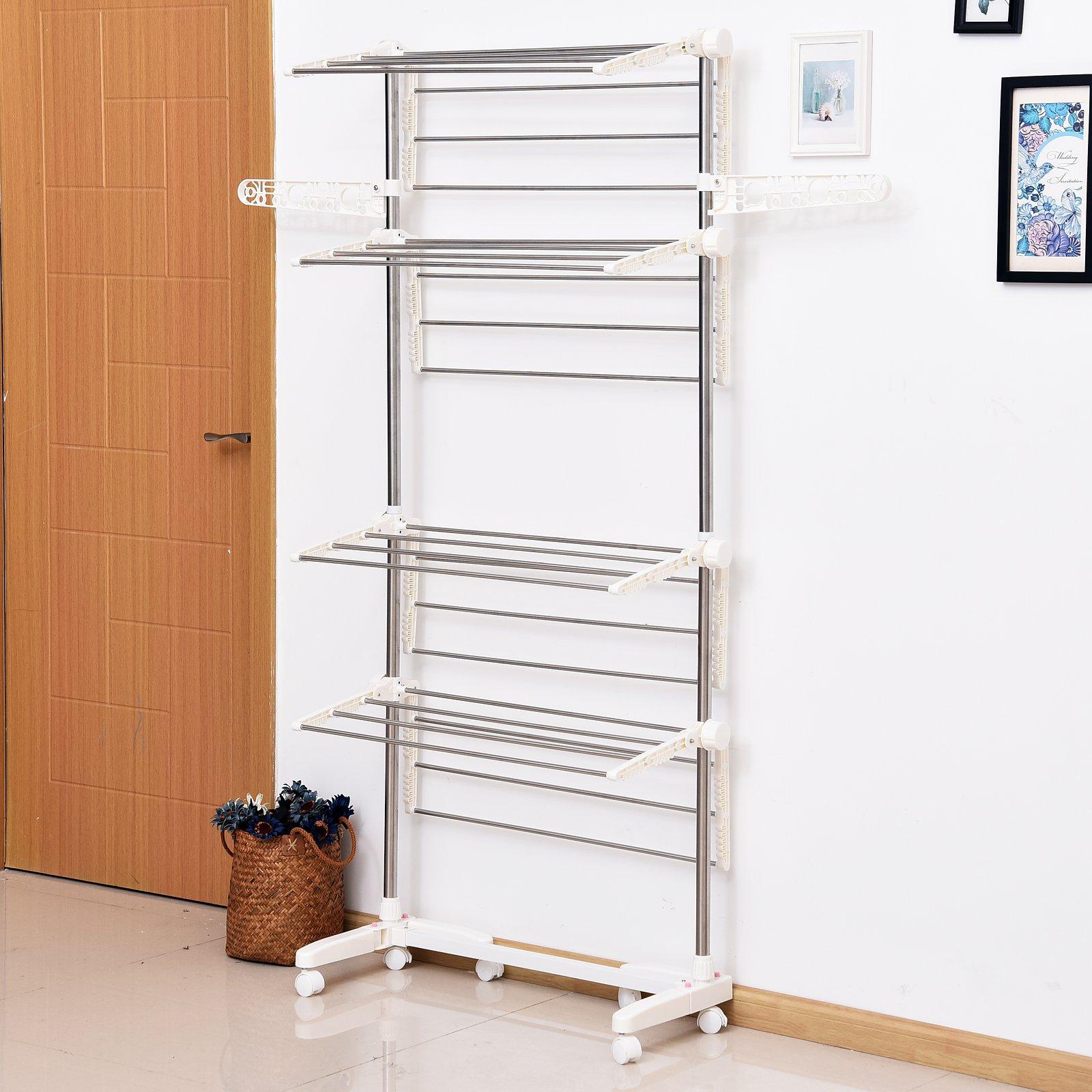 White 4 Tier Drying Rack, Foldable Rolling Design