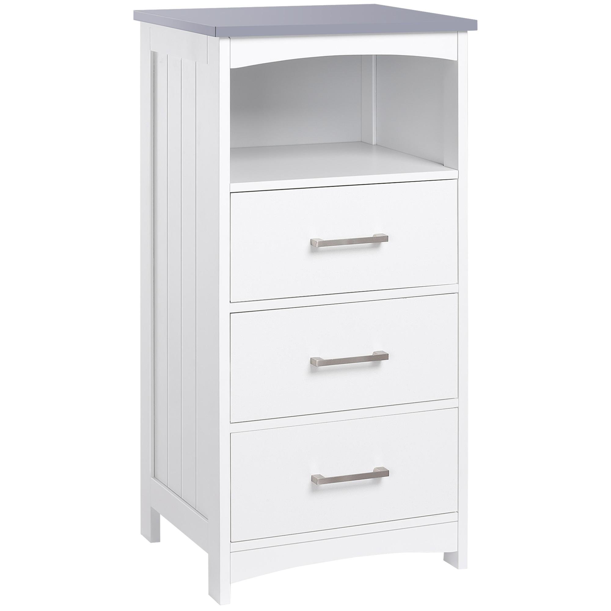 White Small Bathroom Cabinet with Open Shelf and 3 Drawers
