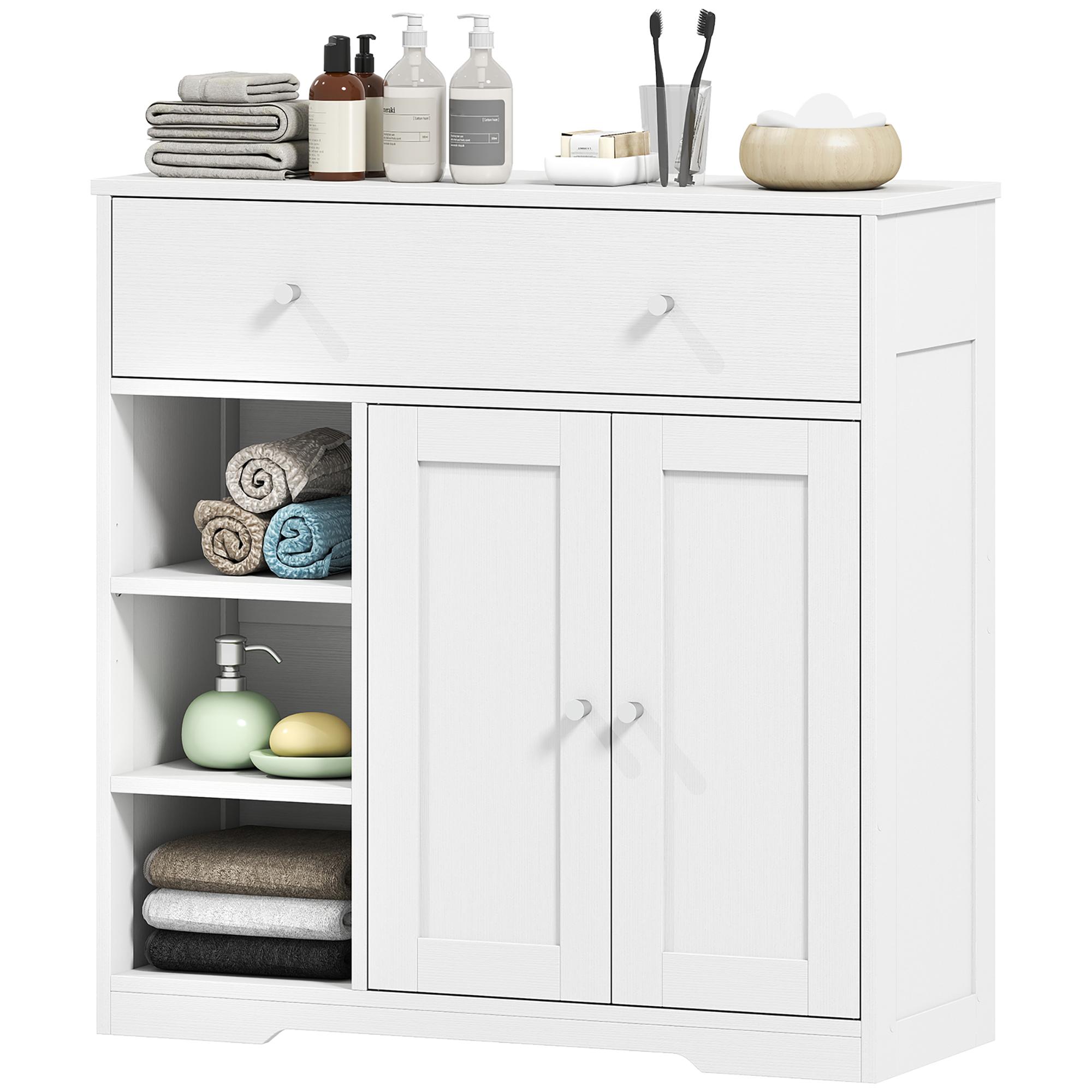 White Bathroom Floor Cabinet with Drawer and Open Shelves