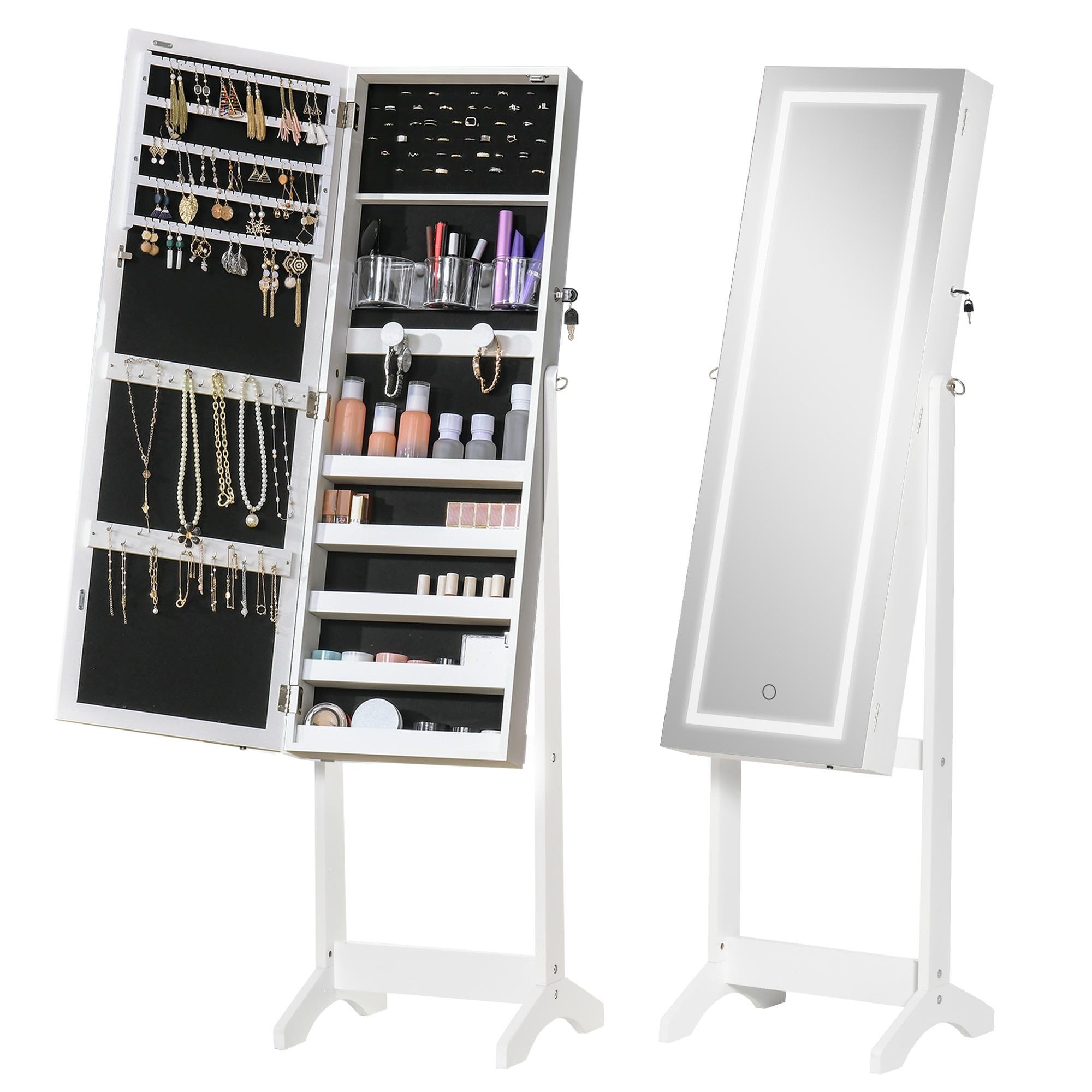 white lockable jewellery mirror with LED storage