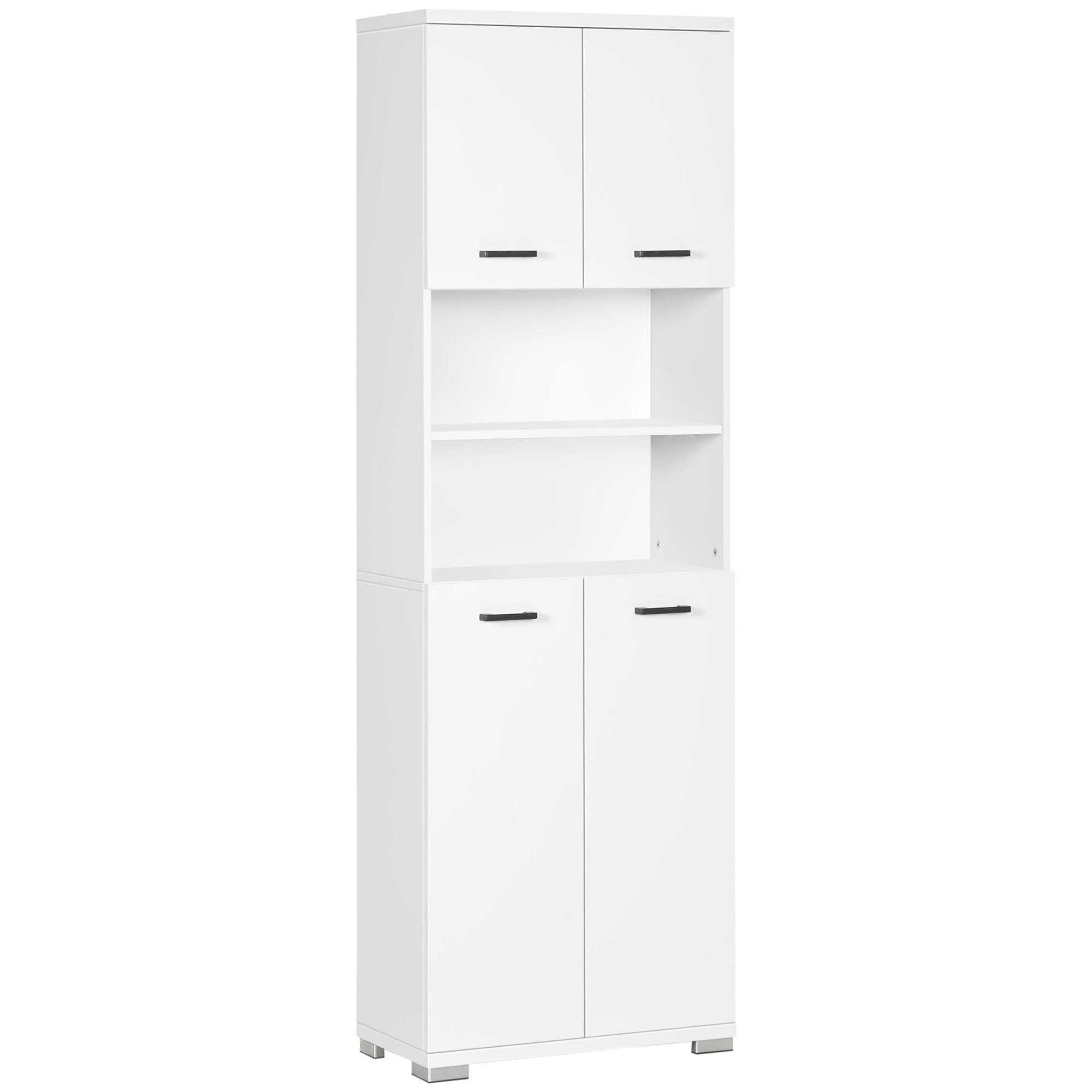 White 23.6 inch linen cabinet with open shelves and cupboards