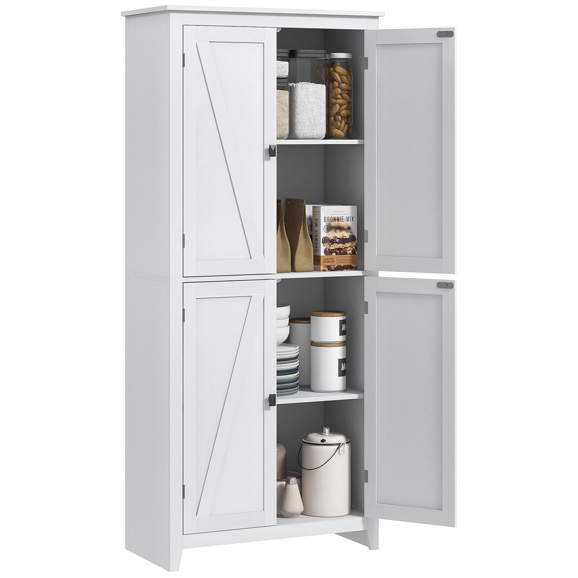 White MDF Pantry Cabinet with Four Doors, 72-Inch Storage