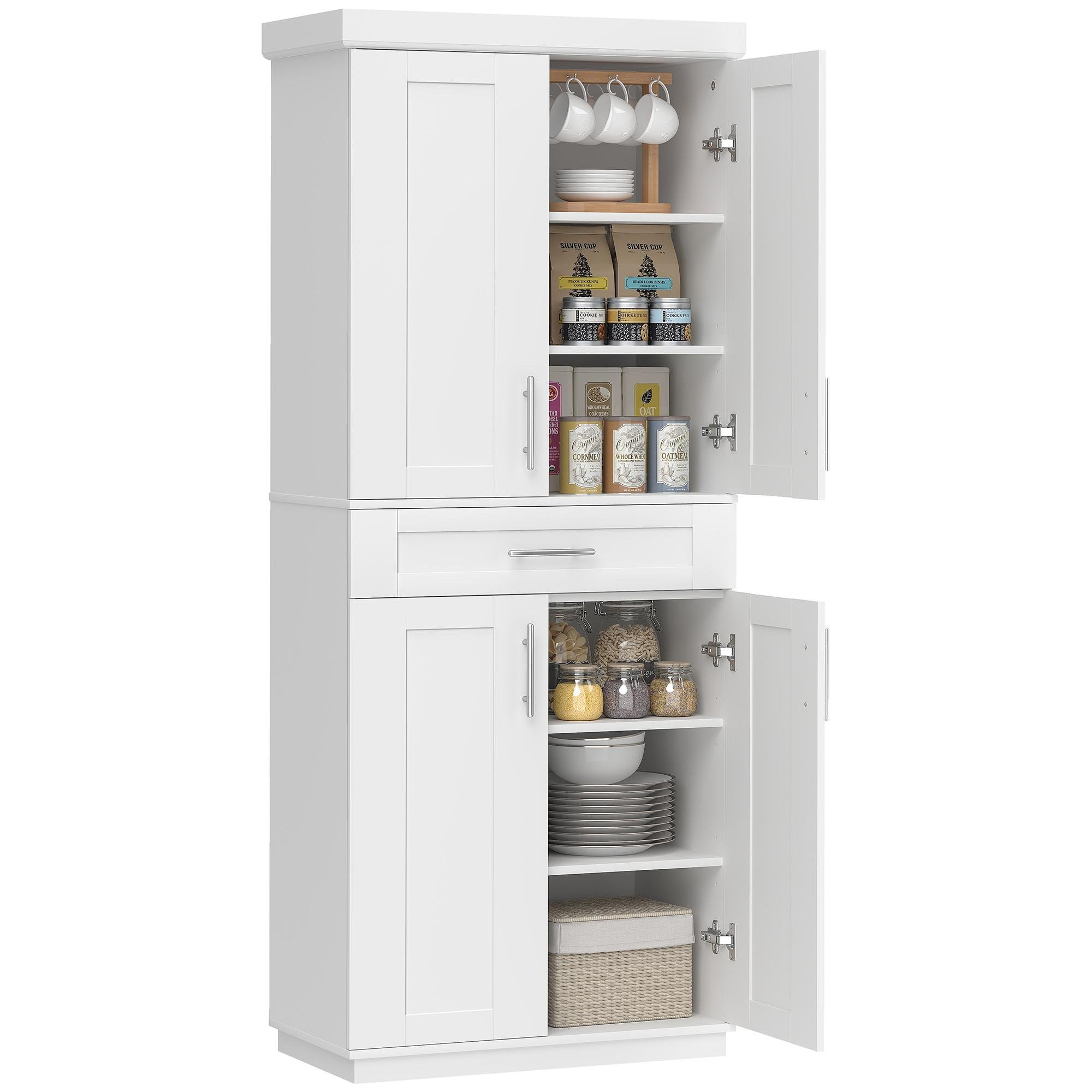 White Shaker Pantry Cabinet, 72-Inch Storage with Drawer