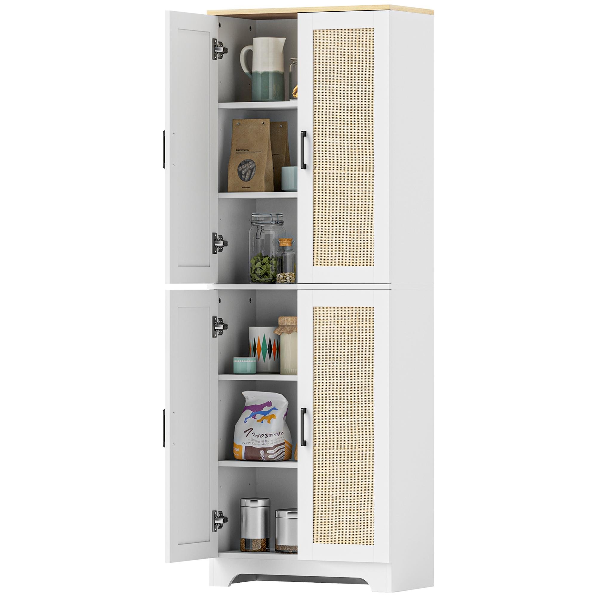 White Rattan Pantry Cabinet with 6-Tier Storage