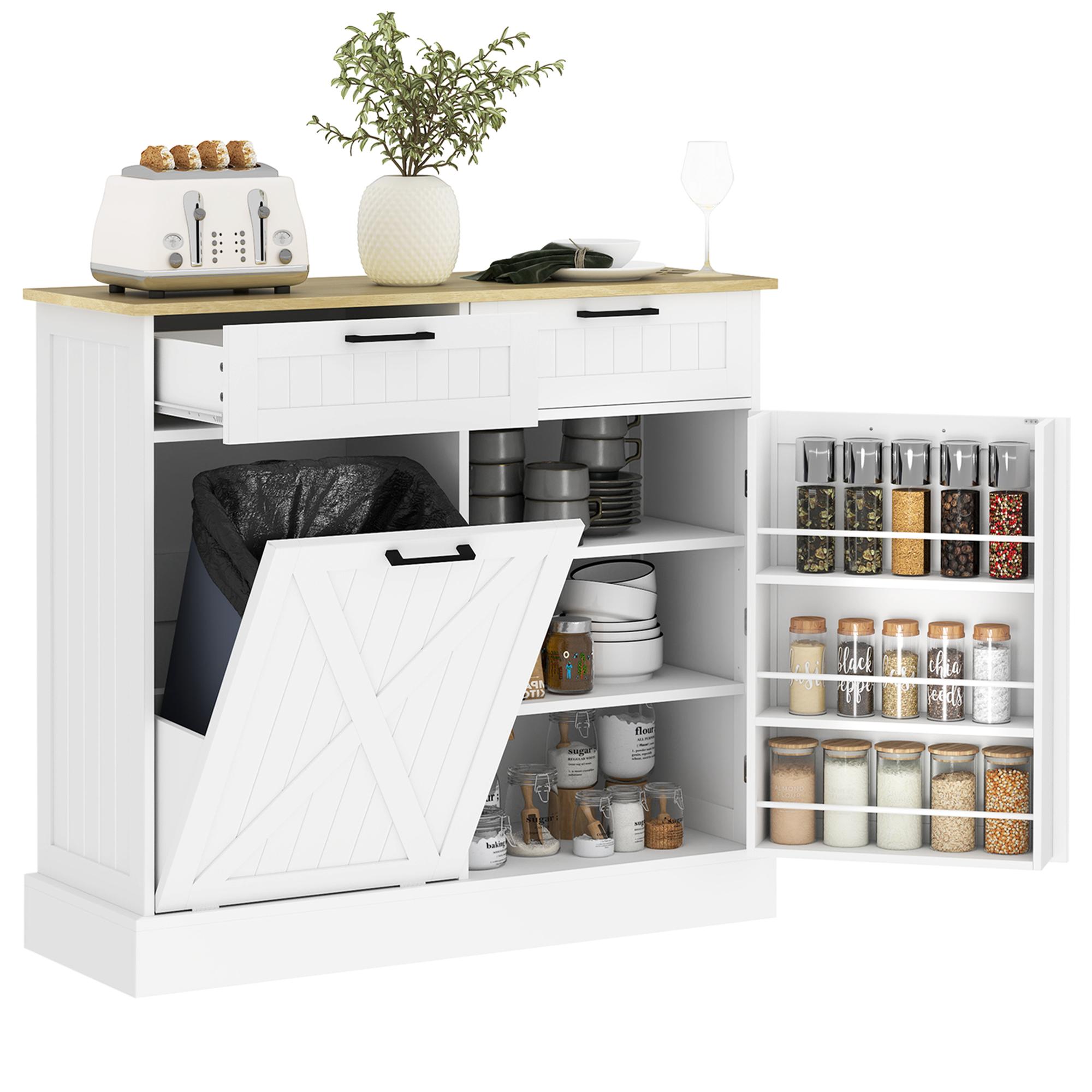 White 10 Gallon Trash Cabinet with Drawers and Spice Rack