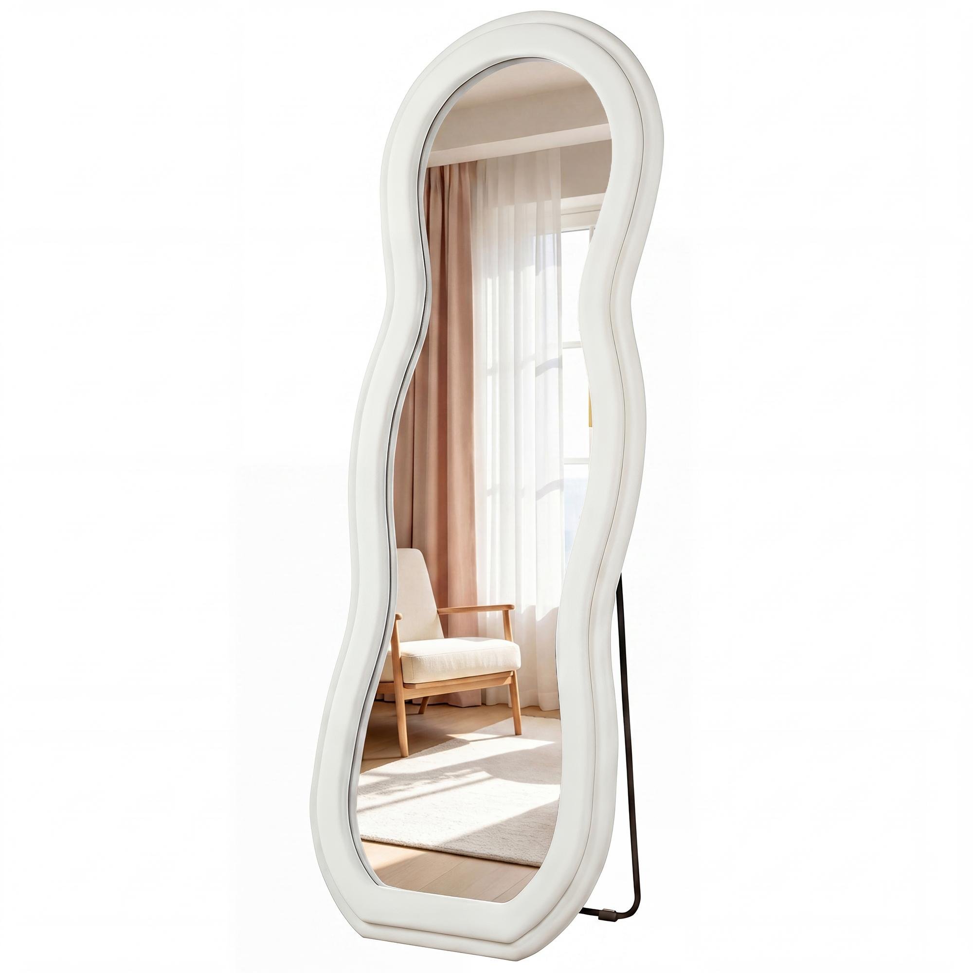 White Wavy Floor Mirror with Velvet Frame, 64.2 in