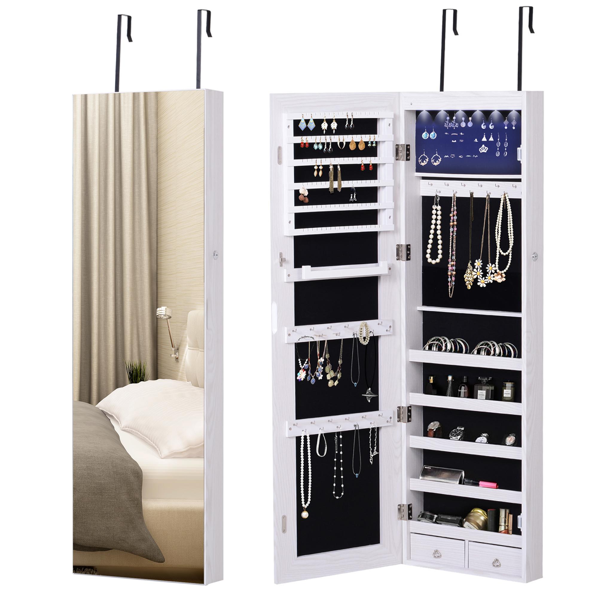 White Wall Mounted Jewellery Mirror with LED Lights, 47.3 in
