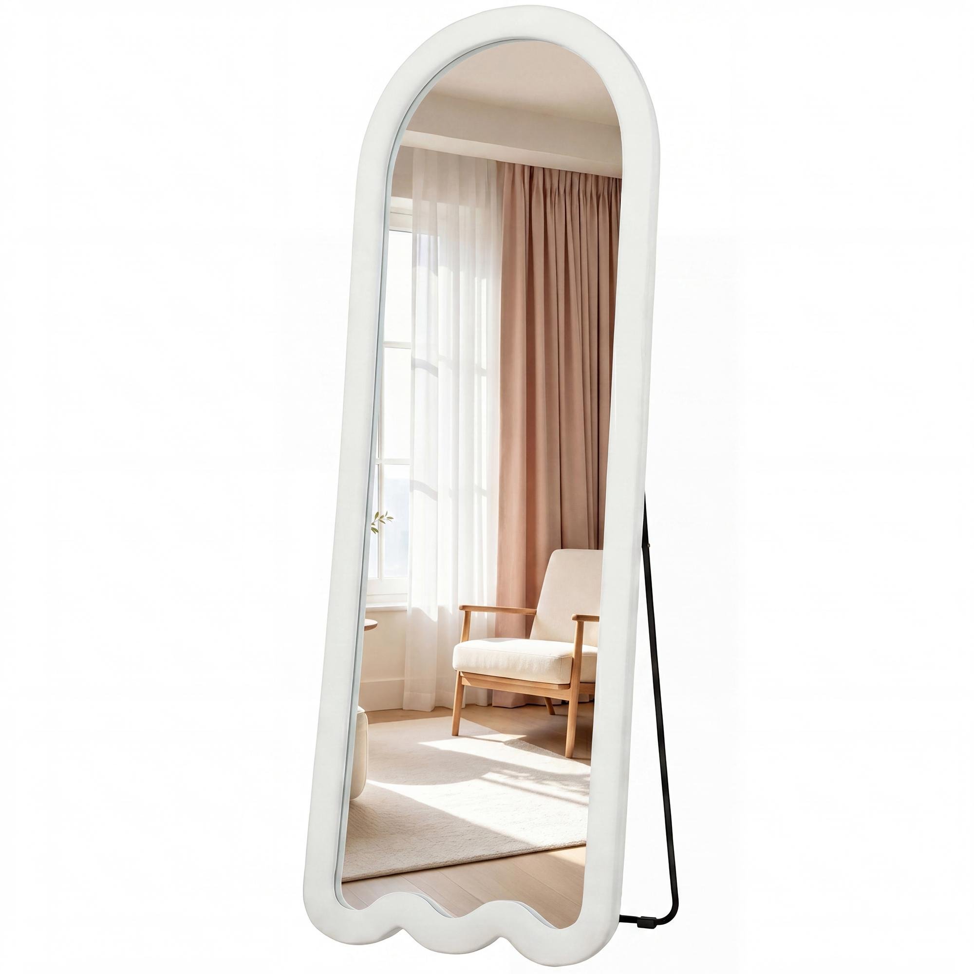 White Velvet Full Length Mirror, Arched Wavy Design, 64.2-Inch