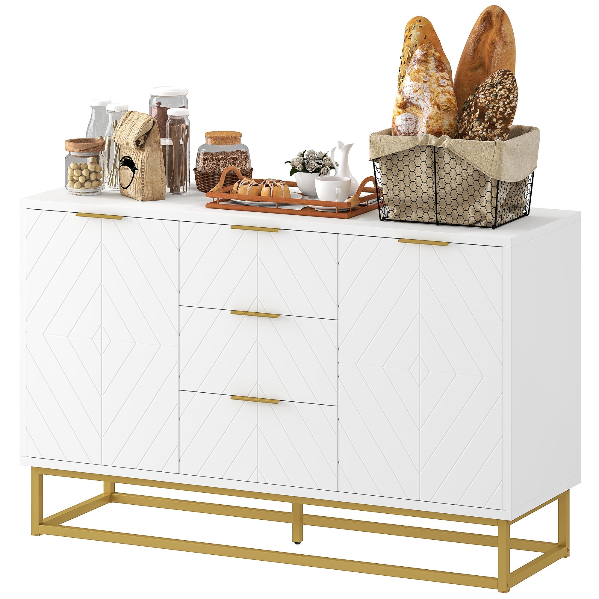 White Geometric Bar Cabinet with 3 Drawers, 47.2 in