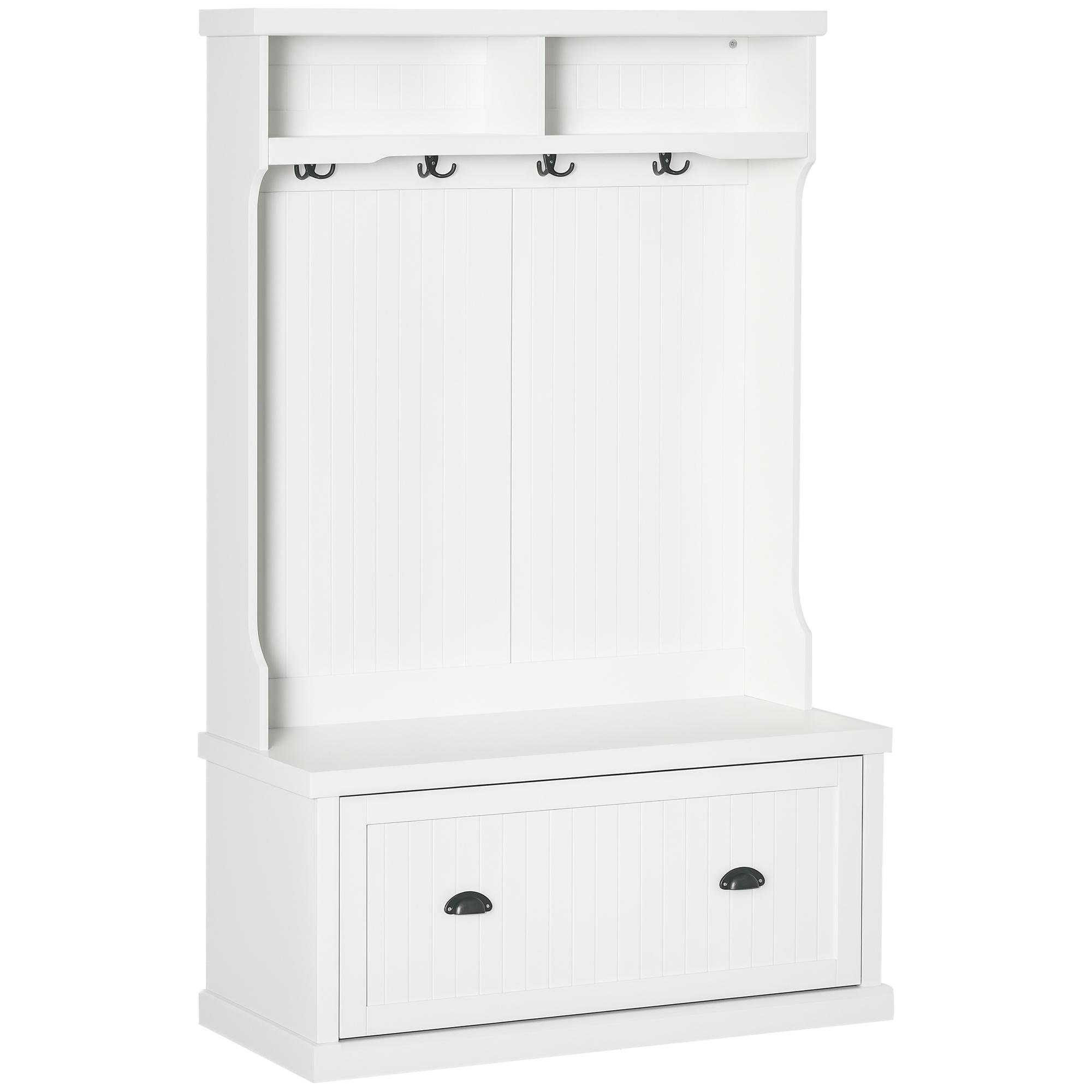 White Beadboard Hall Tree with Shoe Storage Bench