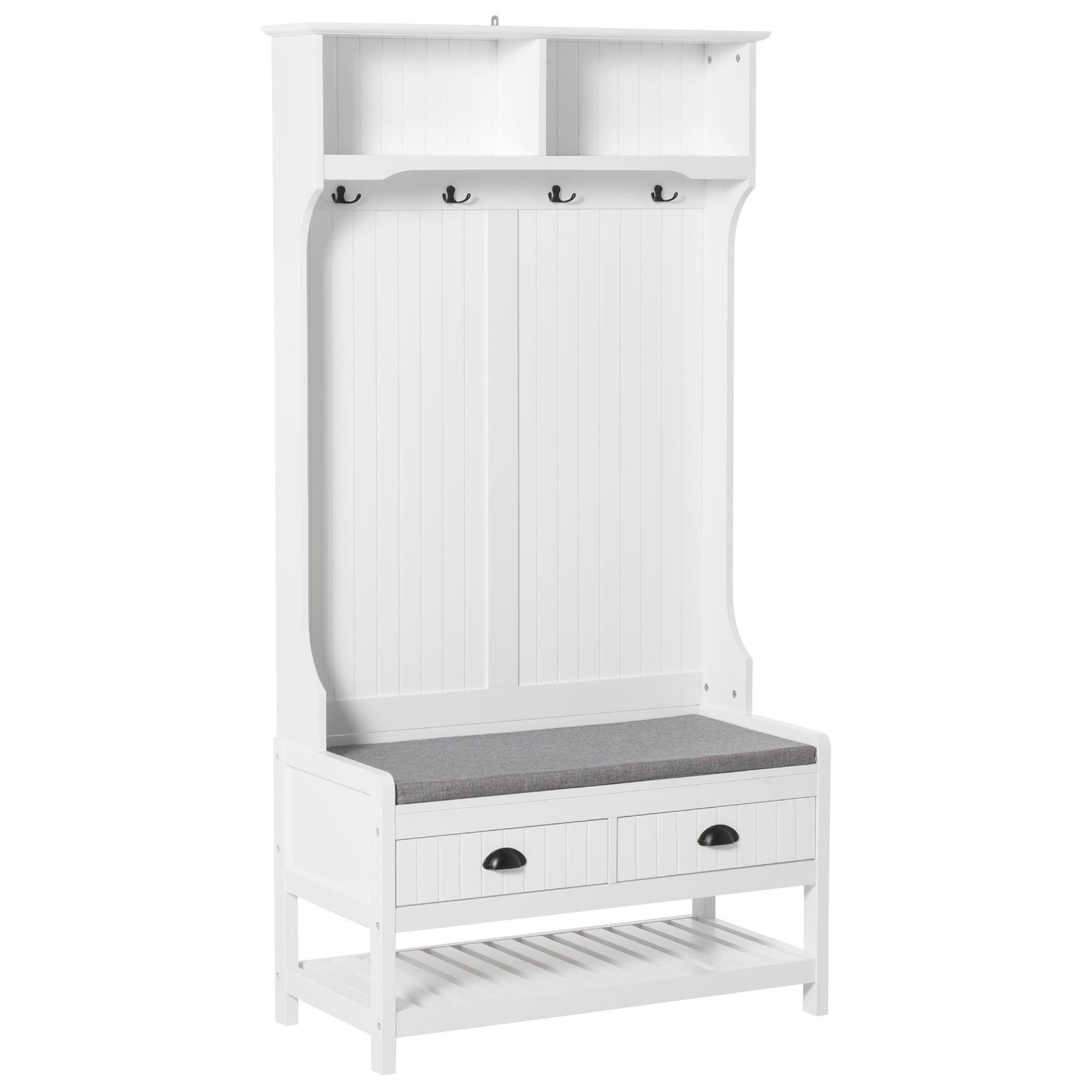 White MDF Coat Rack Bench with Shoe Storage