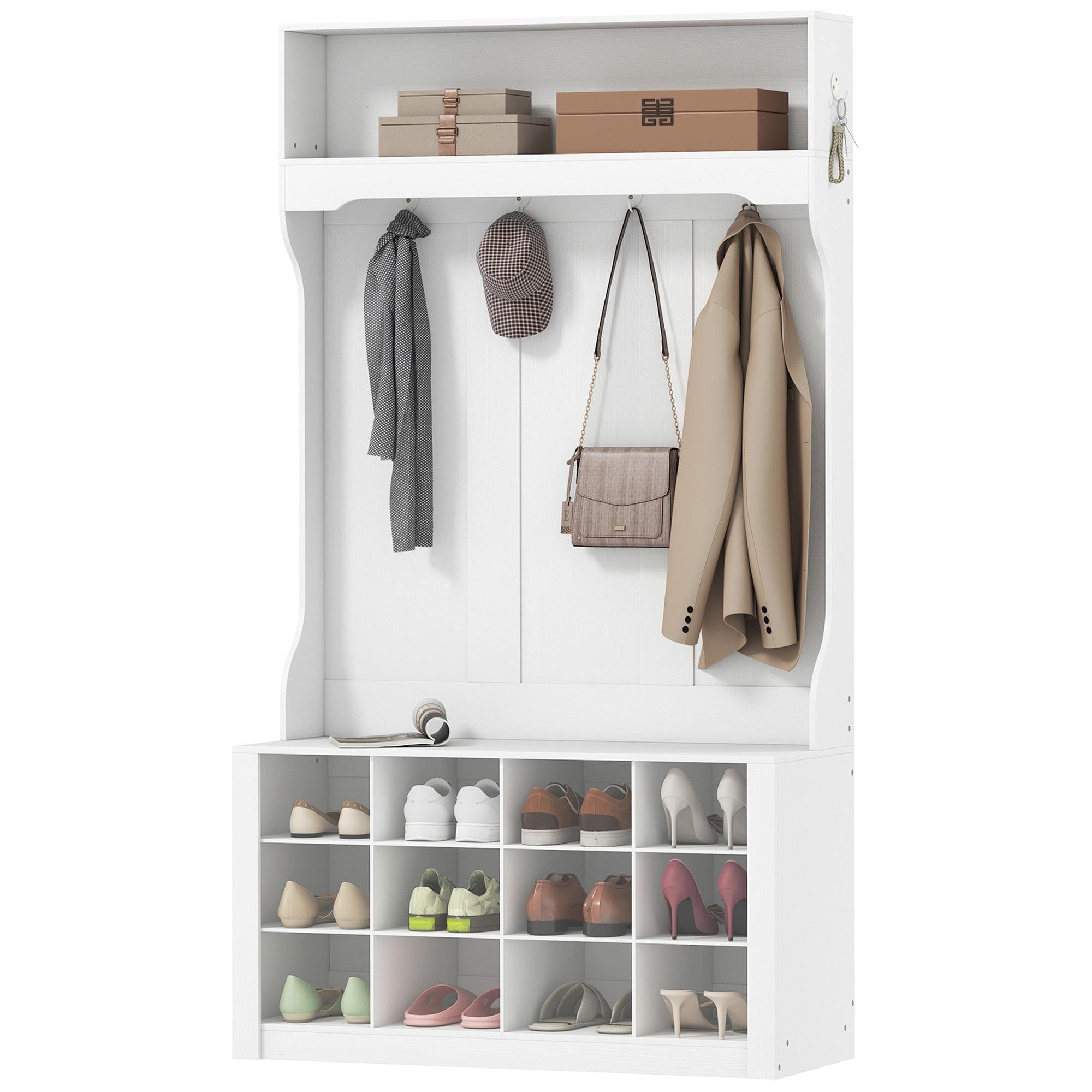 White Farmhouse Hall Tree Bench with 12 Shoe Cubbies