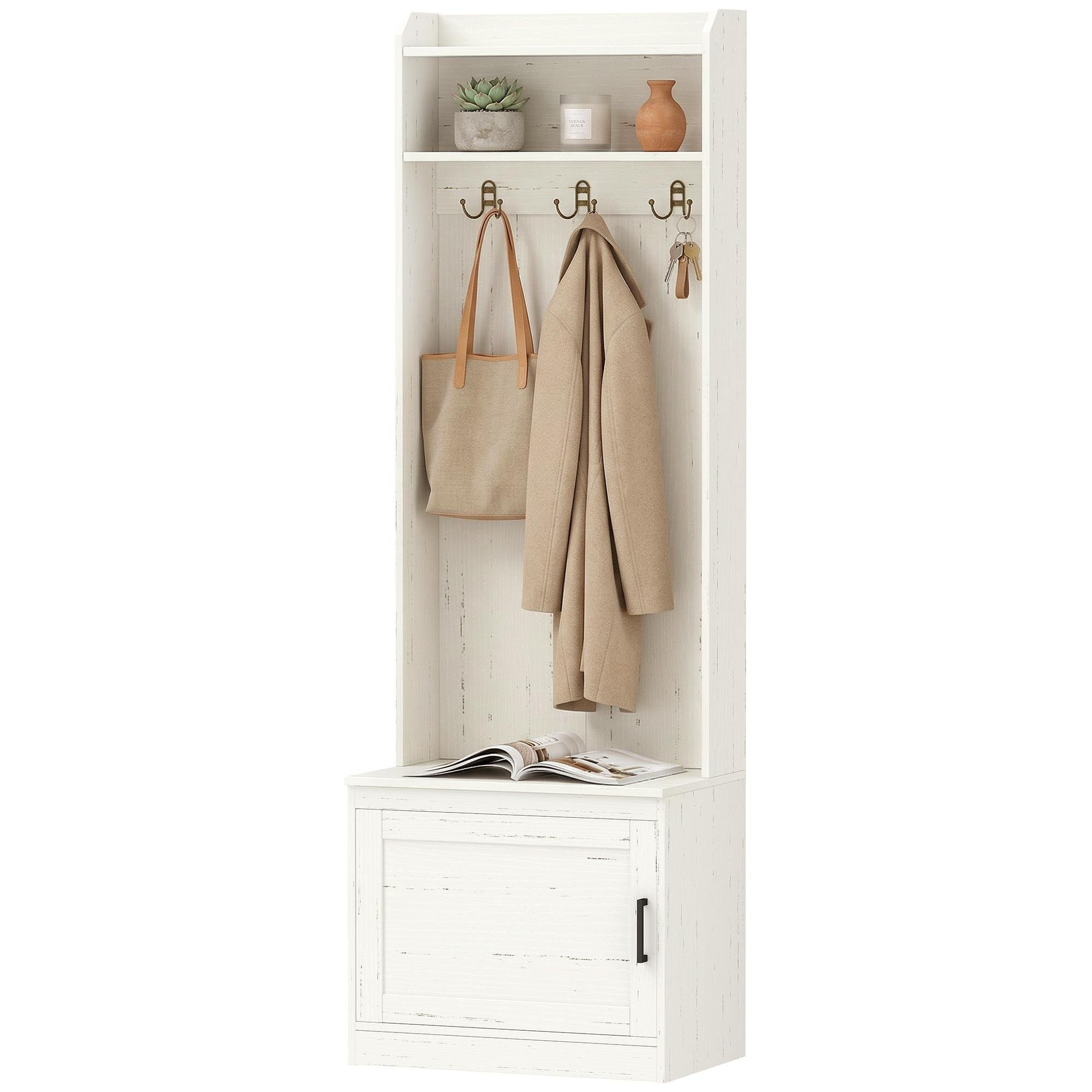 White Particleboard Hall Tree with Storage Bench