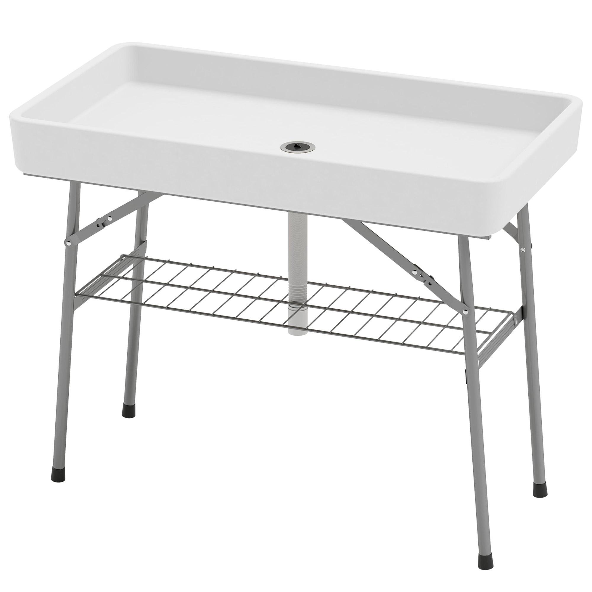 White HDPE Ice Cooler Table with Drain, Folding Design