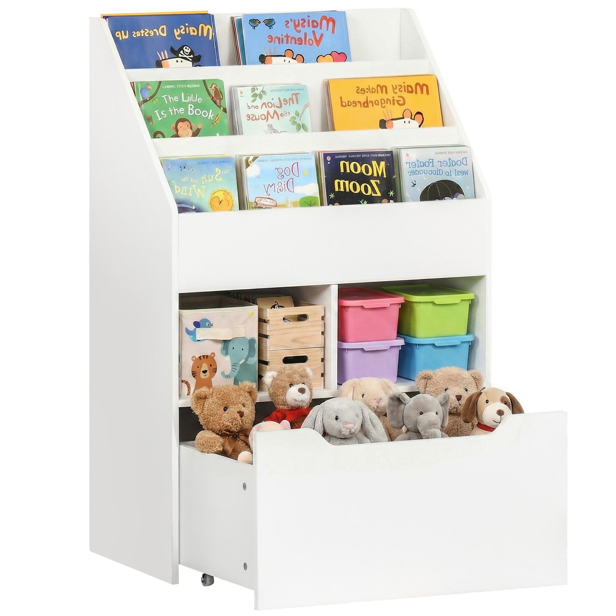 White Kids Bookcase with Rolling Drawer, 3-Tier Storage