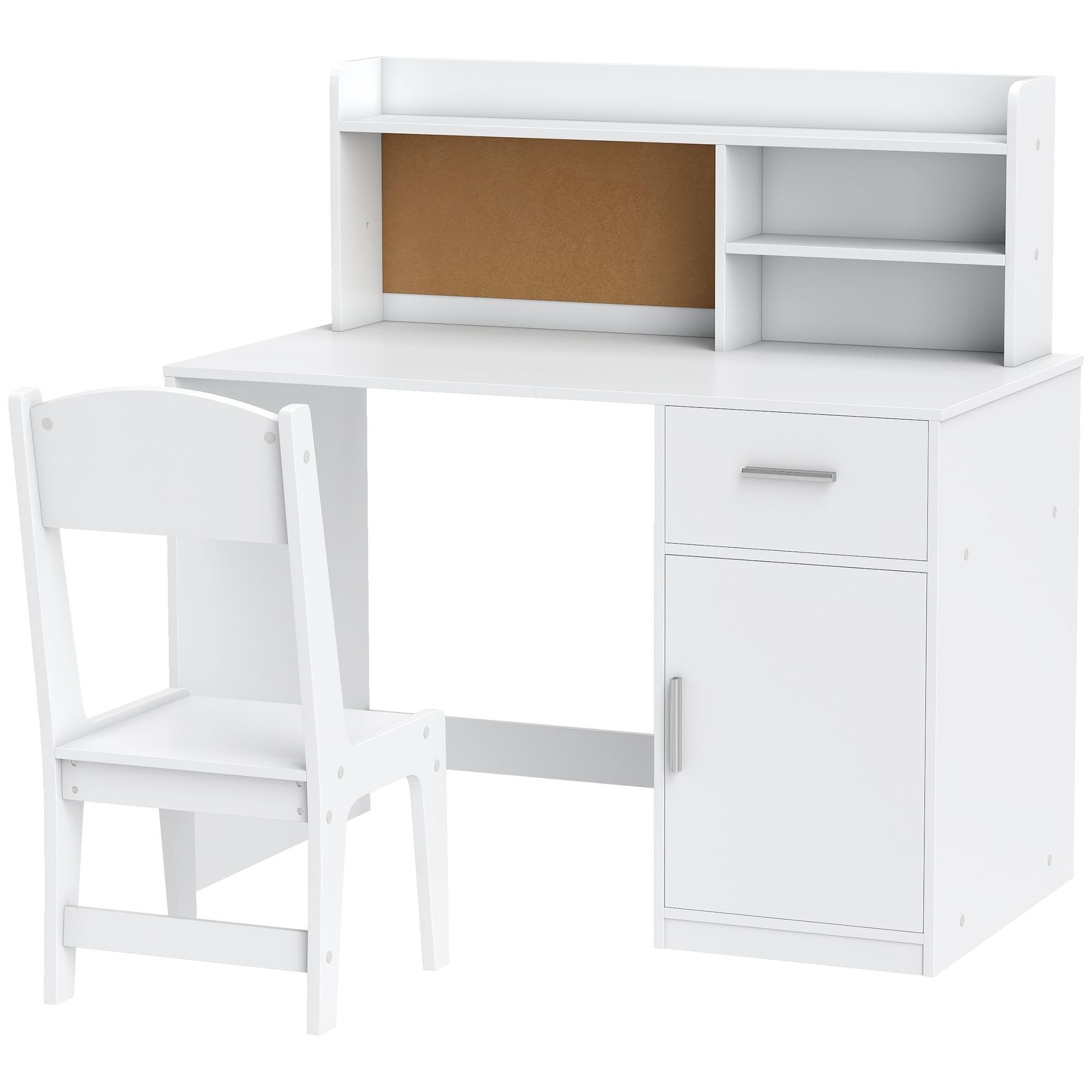 White Kids Study Desk Set with Hutch Storage, Drawer and Chair