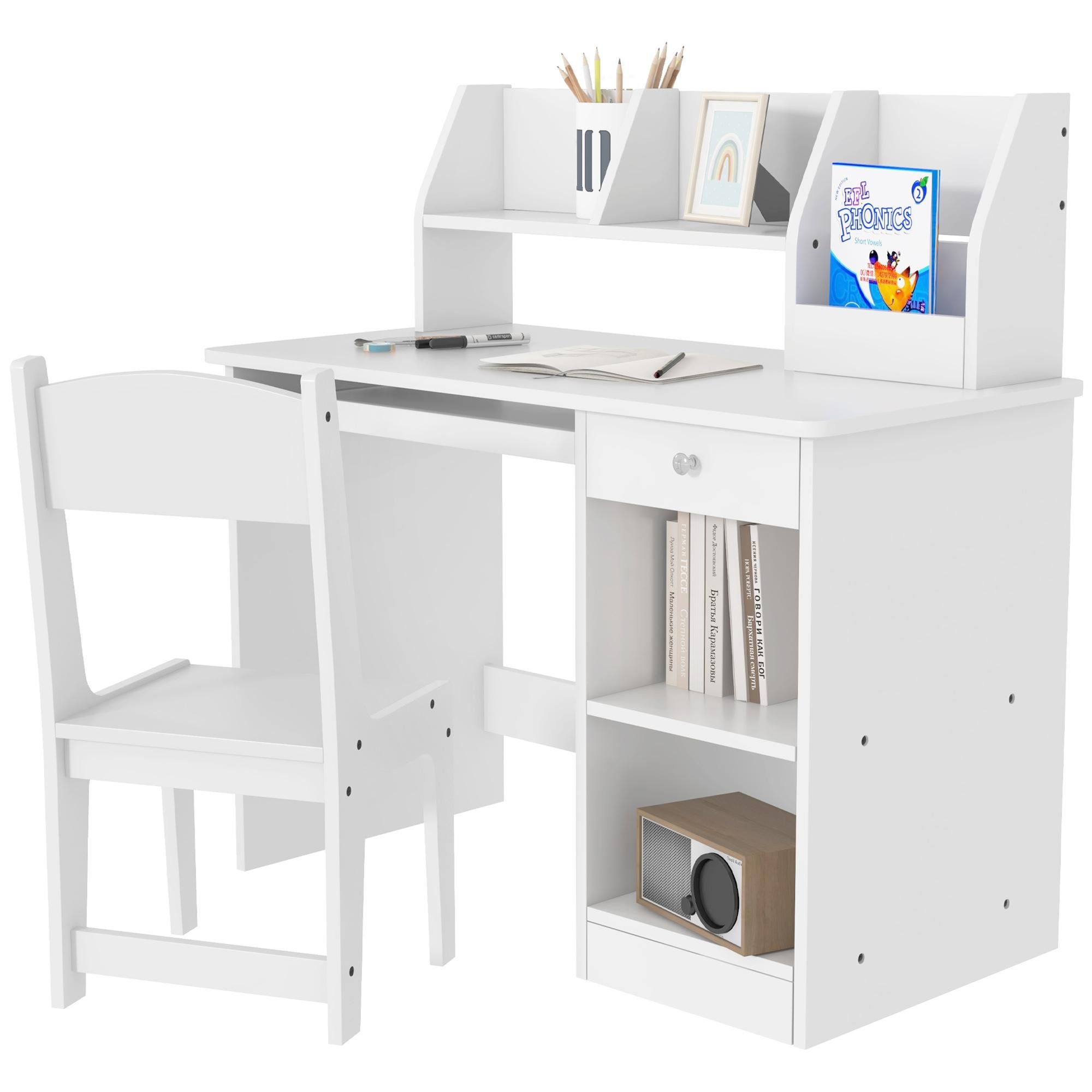 White Kids Desk Keyboard Drawer Set with Chair