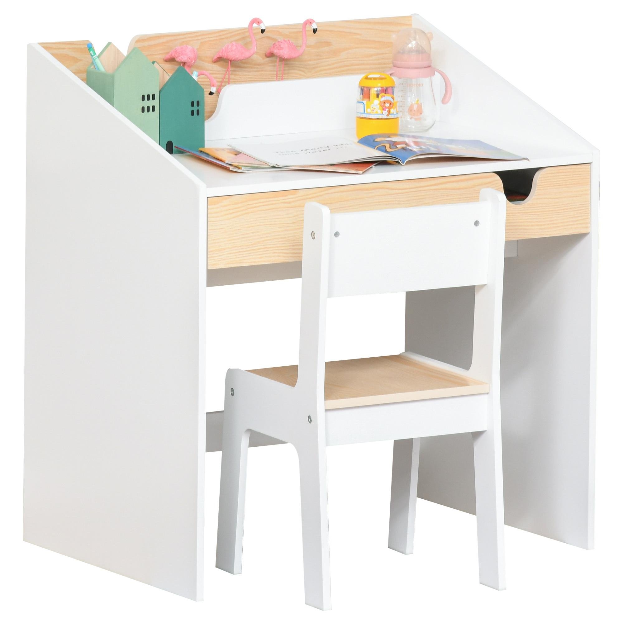 White Kids Desk and Chair with Drawer and Shelf