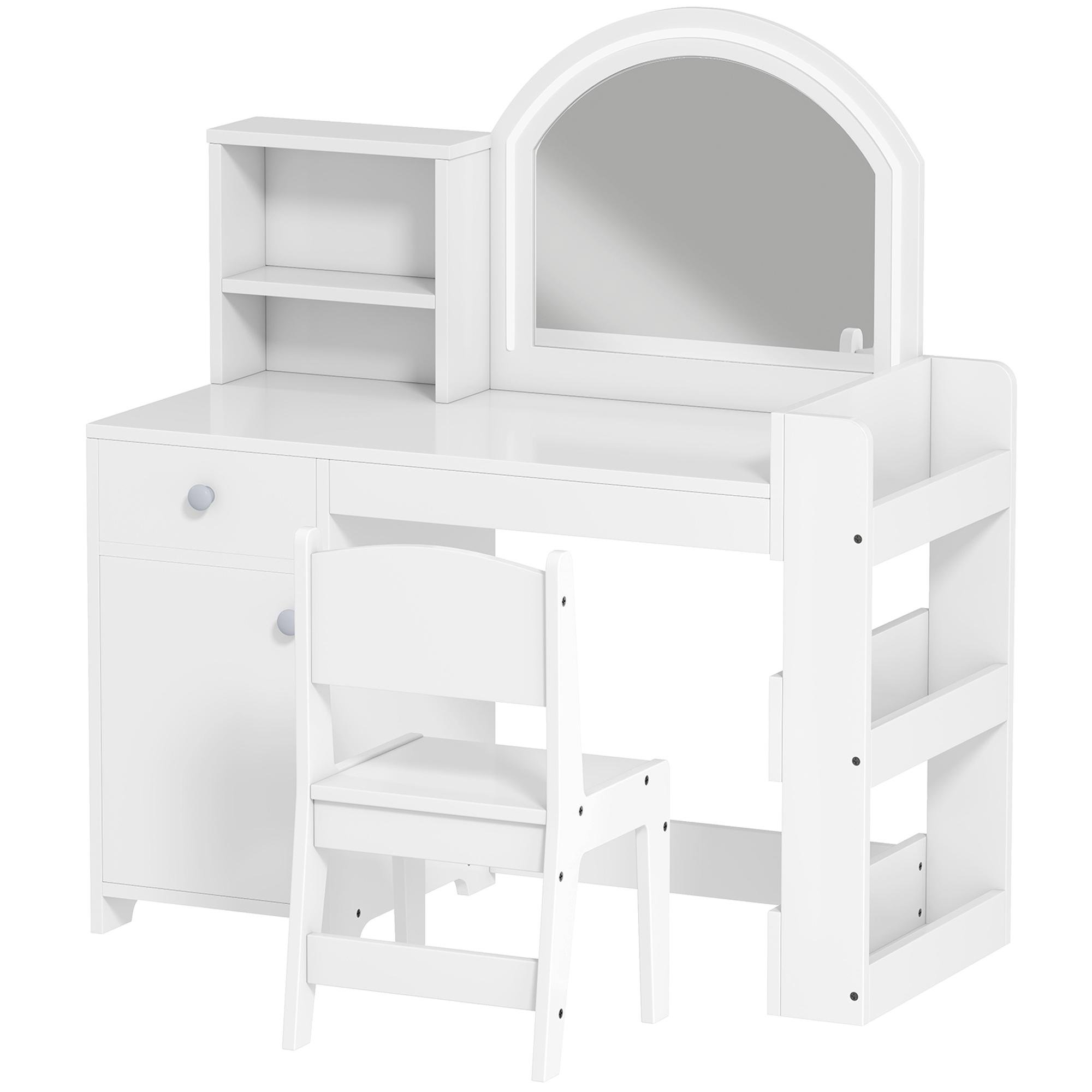 White Kids Dressing Table with LED Mirror and Chair
