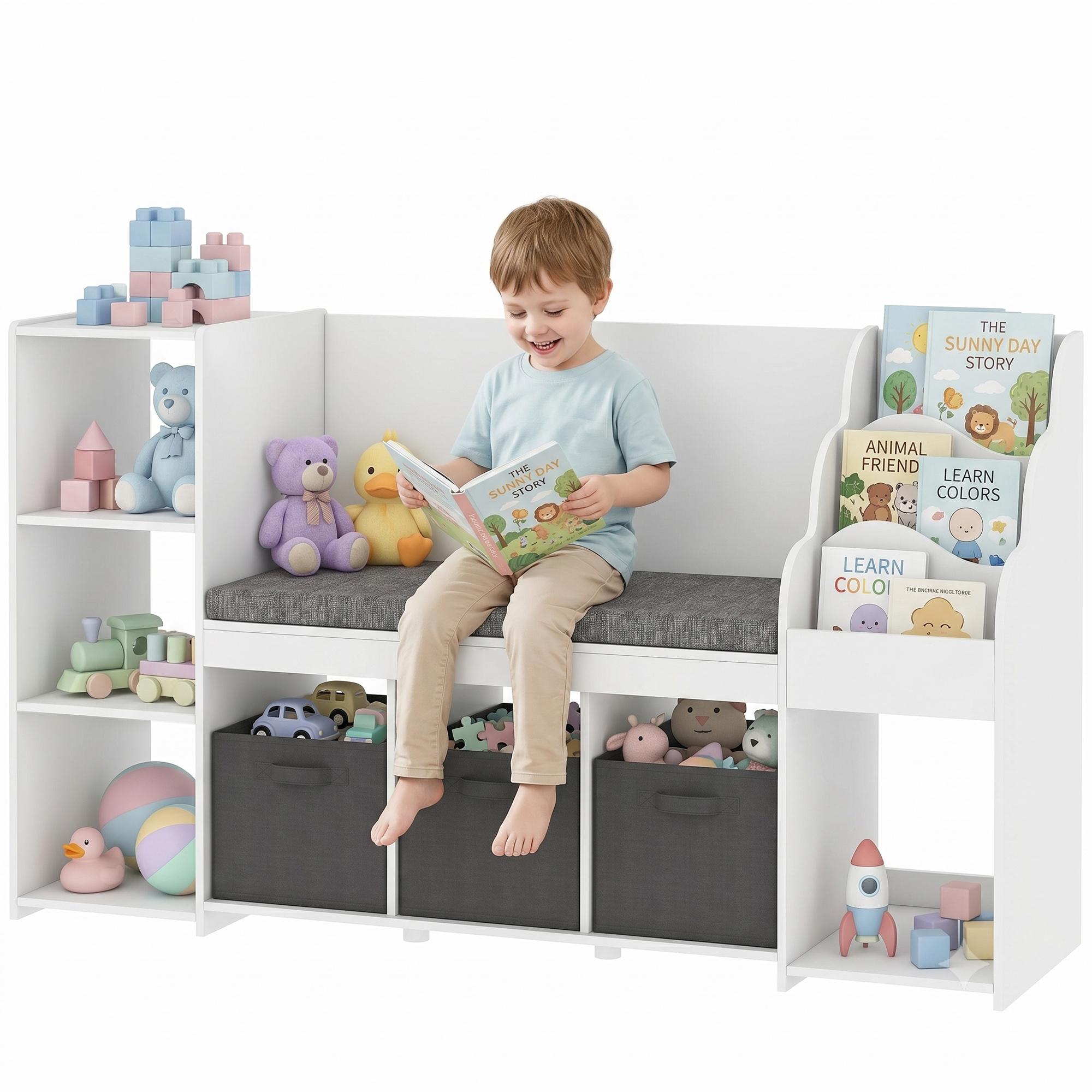 White Kids Storage Shelf Nook with Three Fabric Drawers