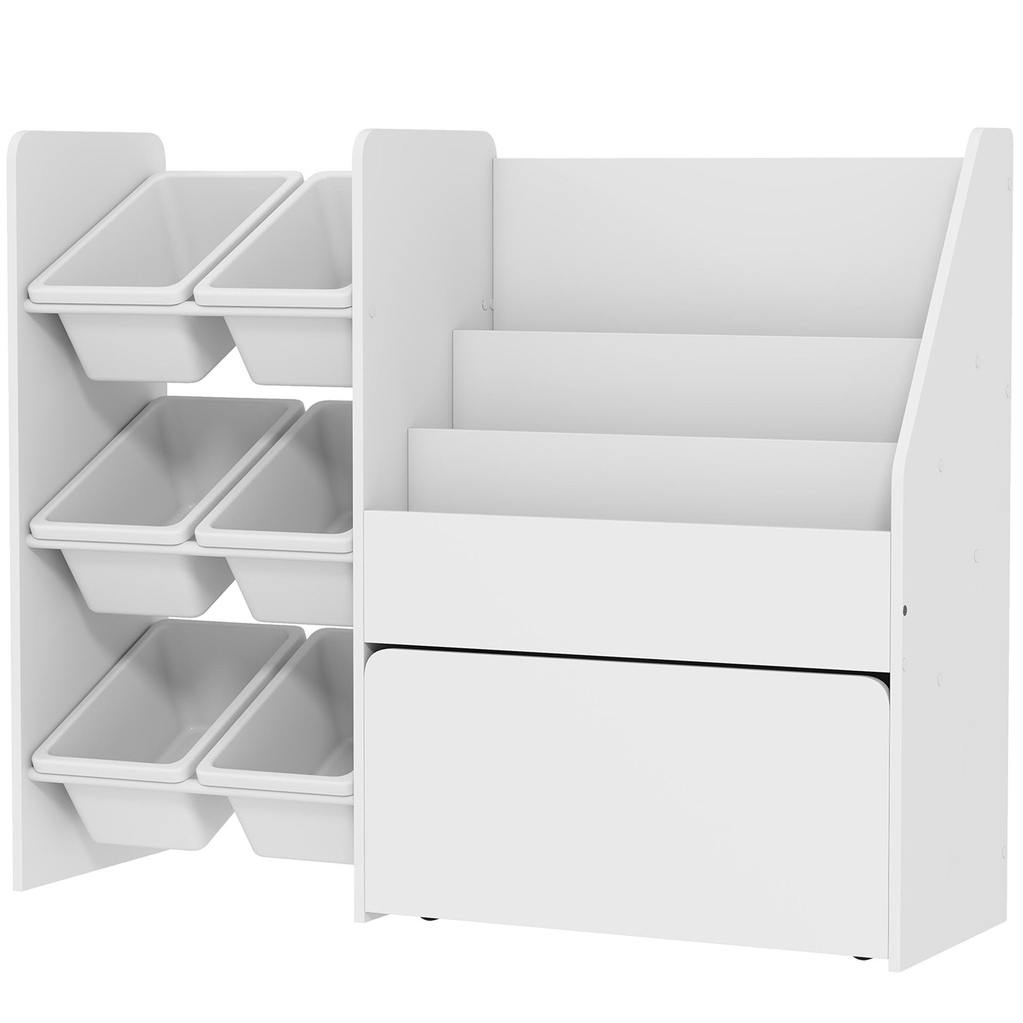 White Six Bin Bookcase Organizer with Rolling Storage