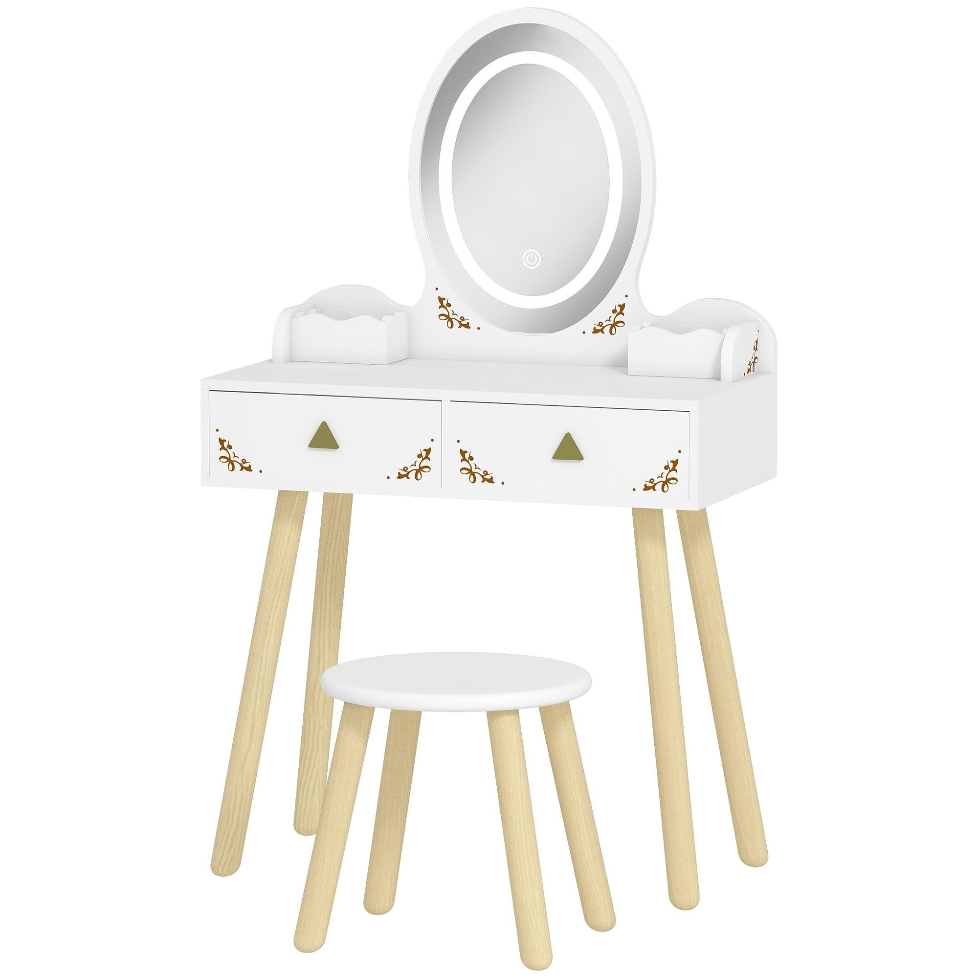 White Kids Vanity Desk with 3-Colour LED Mirror and Stool