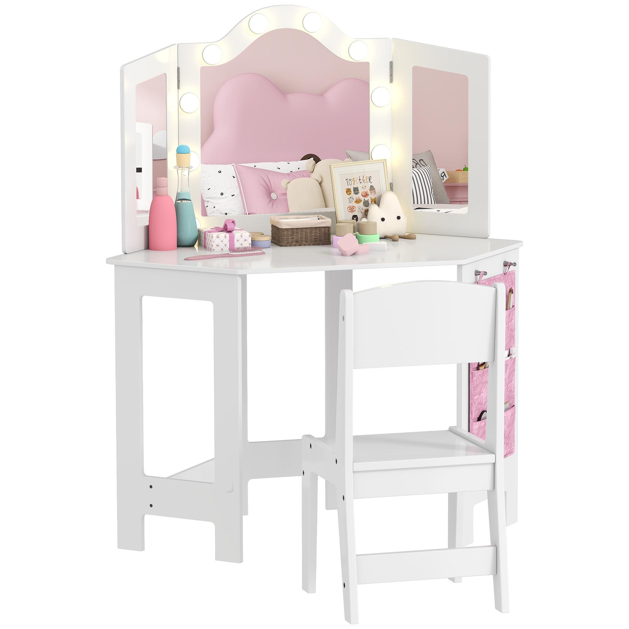 White MDF Vanity Desk with Tri-Fold Mirror for Kids