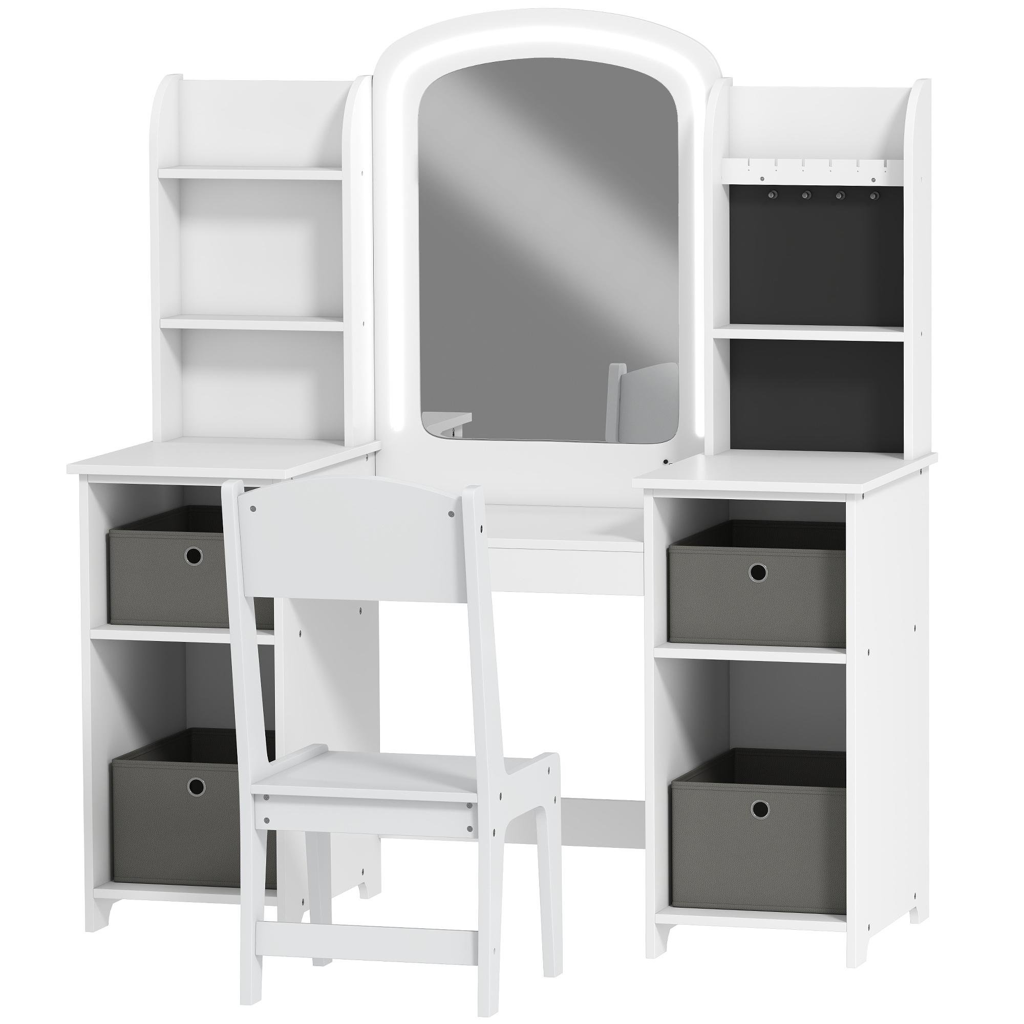 White LED Kids Vanity with Storage Shelves and Chair