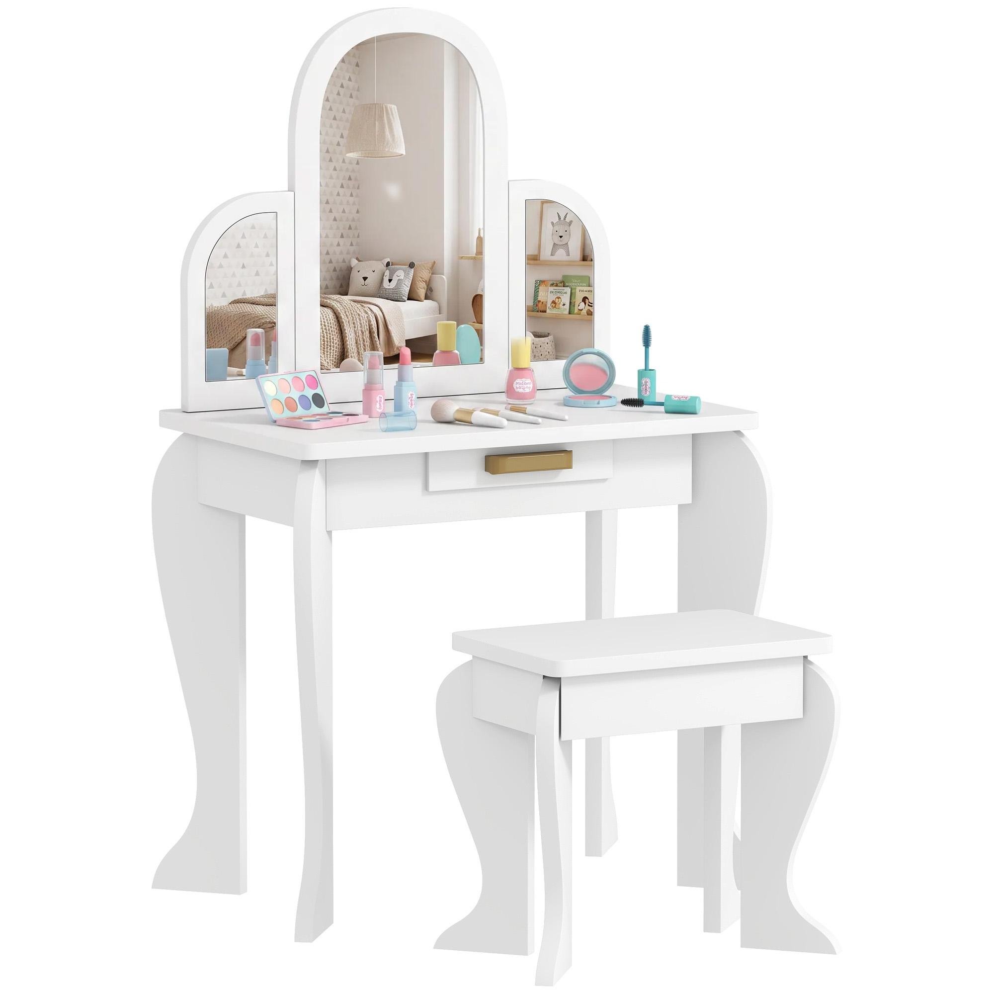 White Kids Vanity Set with Three Acrylic Mirrors and Stool