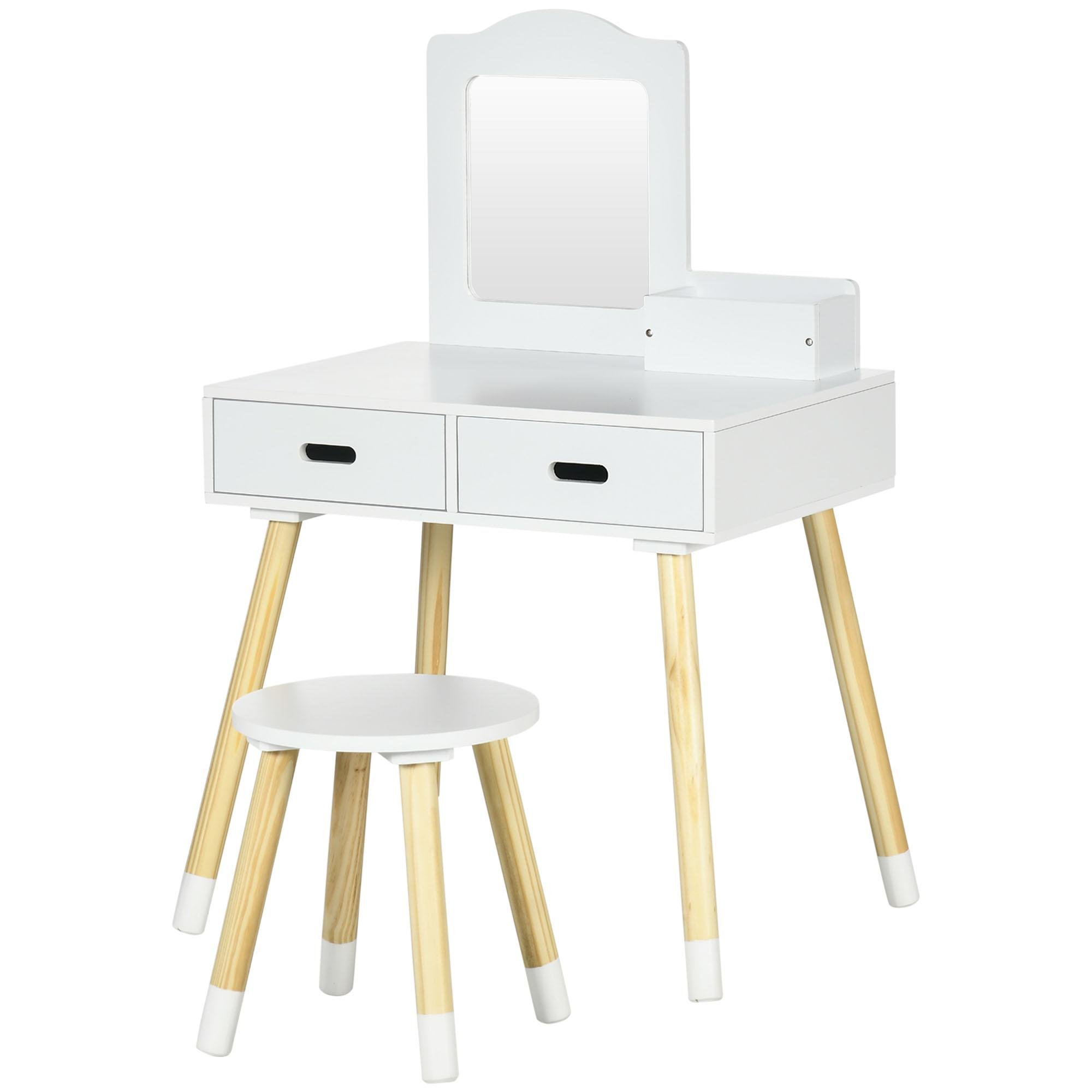 White Pine Wood Kids Vanity with Mirror and Stool