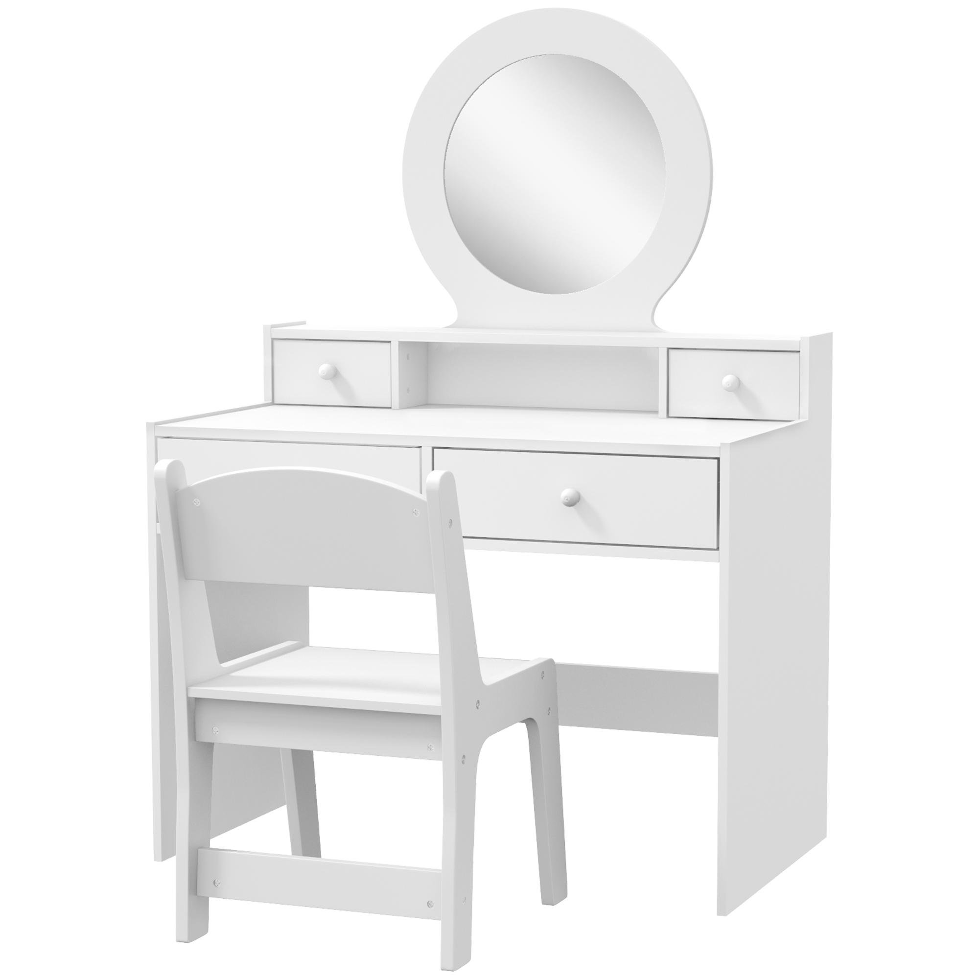 White Kids Vanity Drawers with Oval Mirror and Stool
