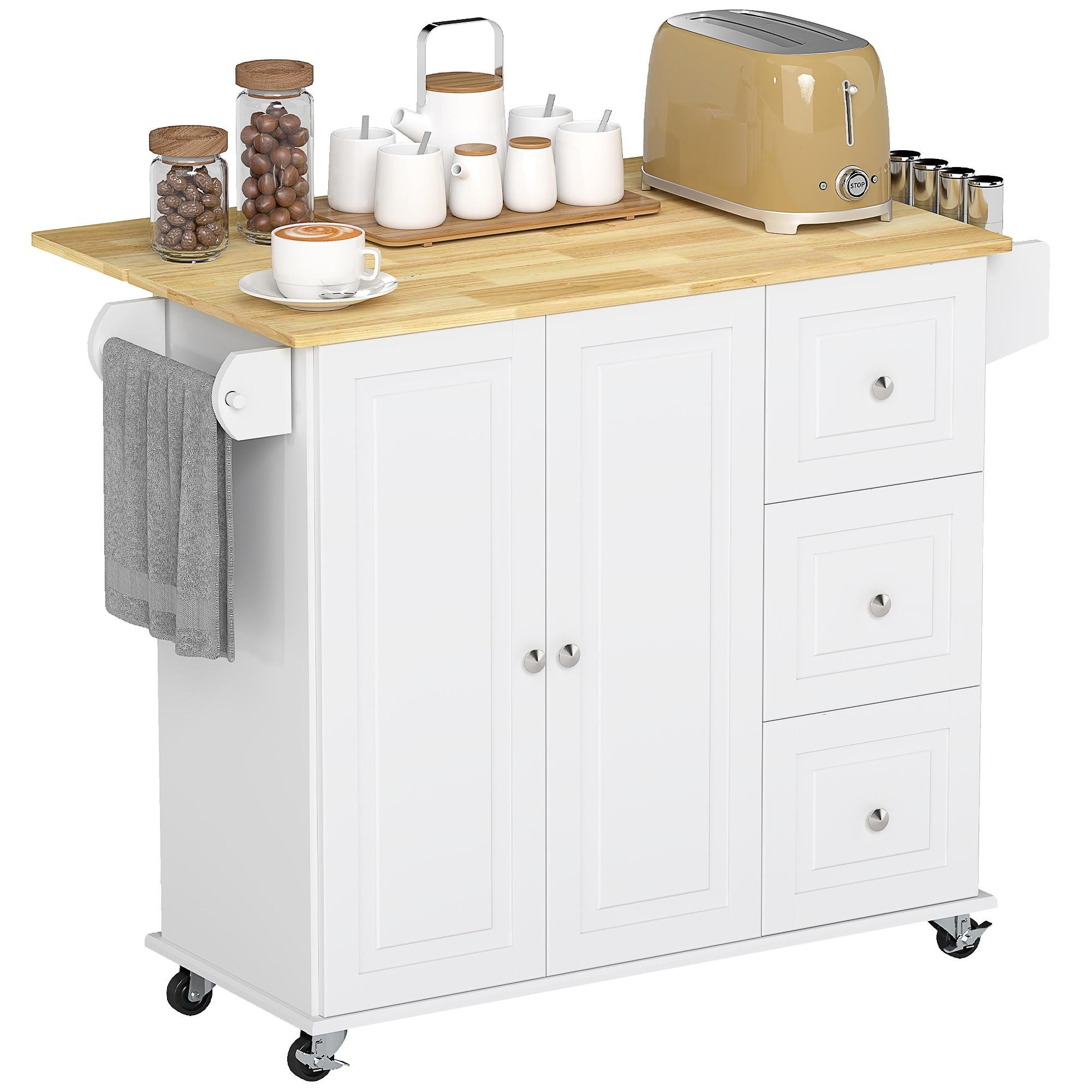 White Kitchen Cart with Cabinet and Drop Leaf