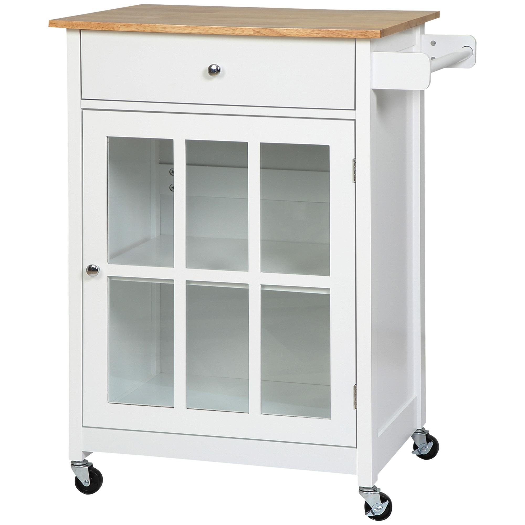 White Glass Door Storage Cart with Rubber Wood Top