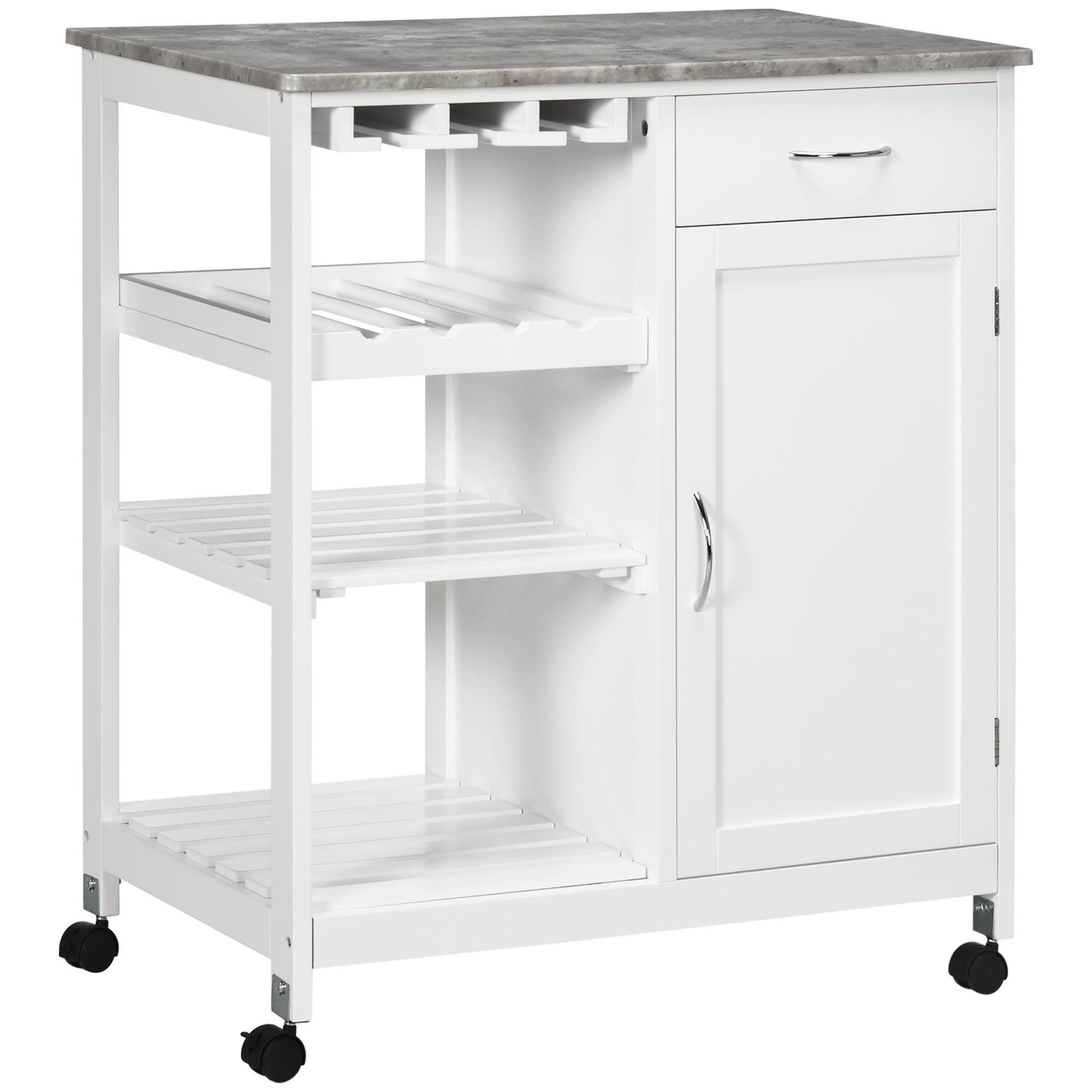 White Wine Storage Cart with Marble-Effect Top