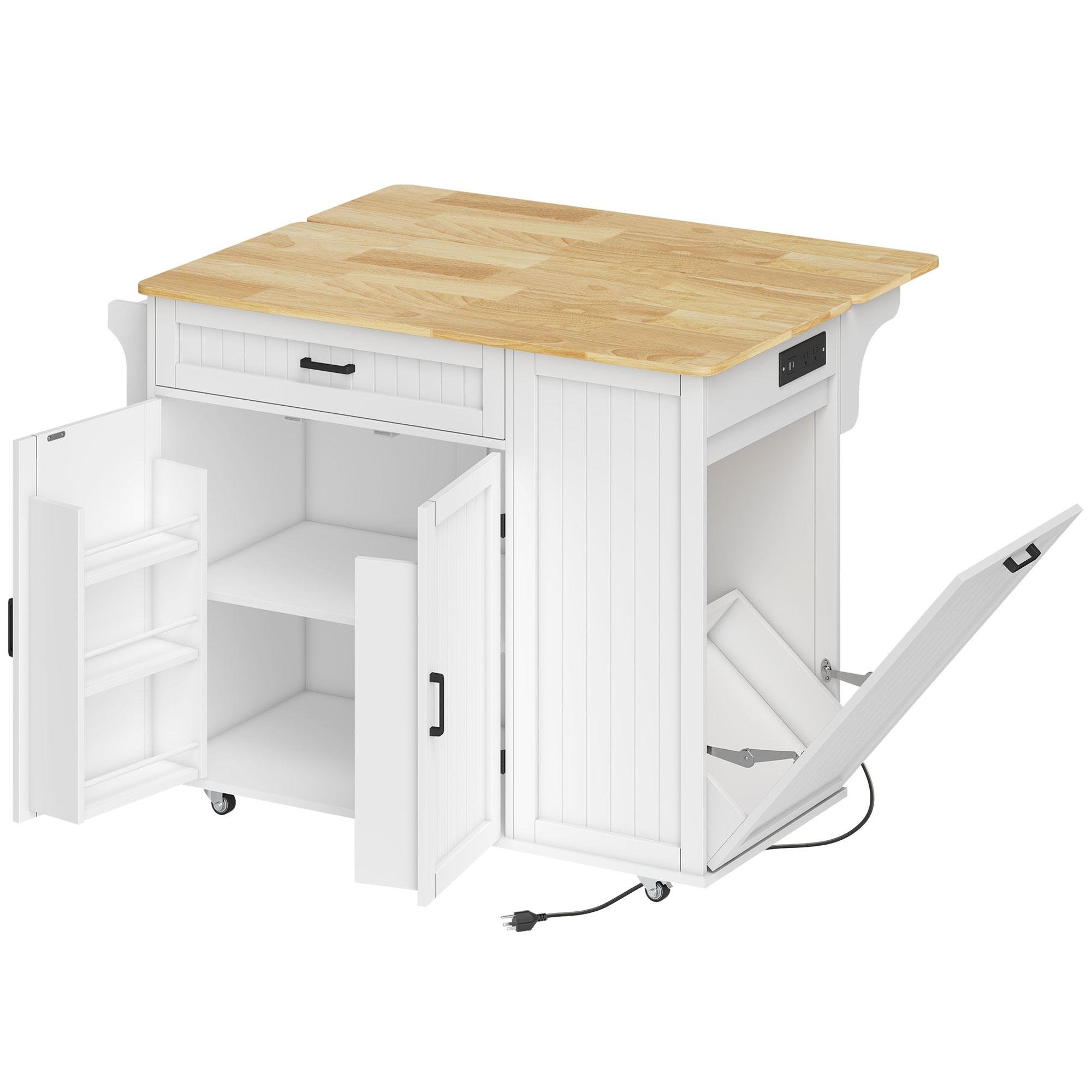 White Rubberwood Drop Leaf Cart with Charging Station