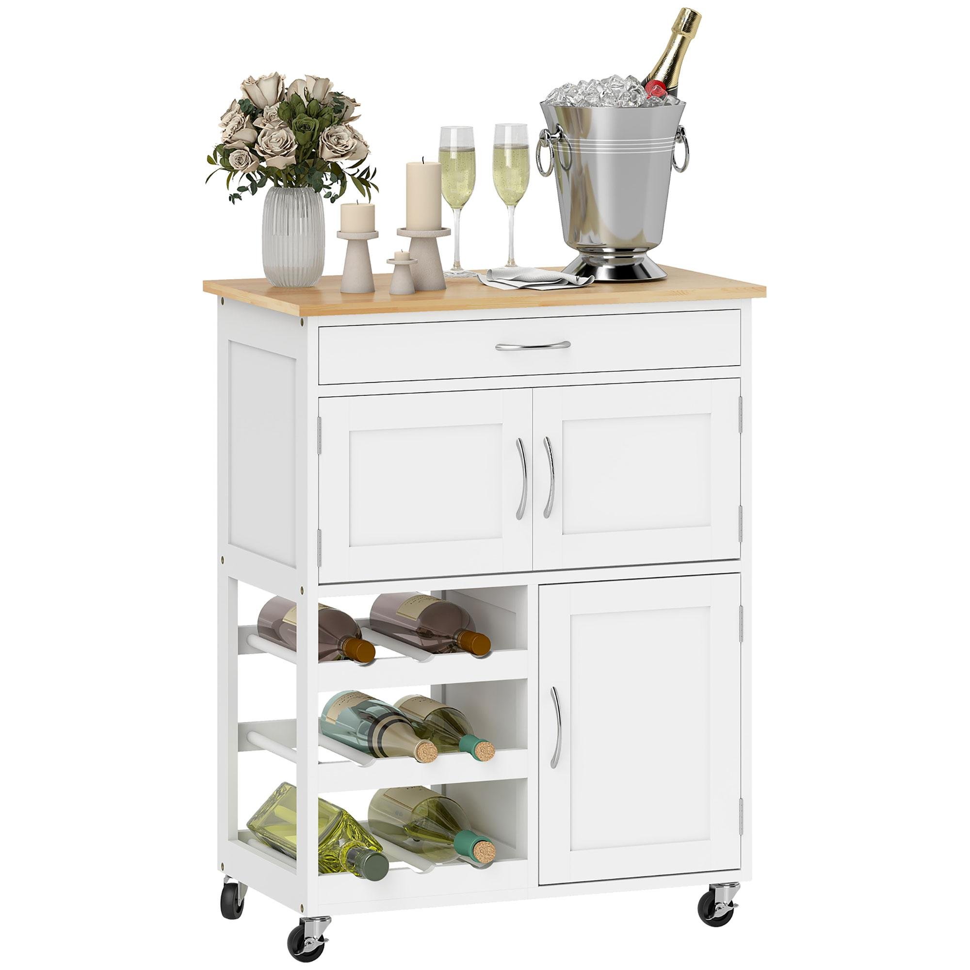 White Kitchen Cart Wine Rack with Drawer and Cabinets