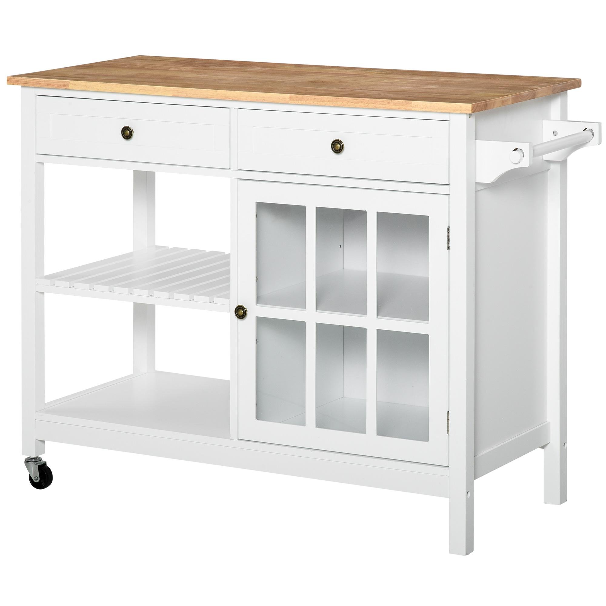 White Glass Door Kitchen Cart with Rubberwood Top