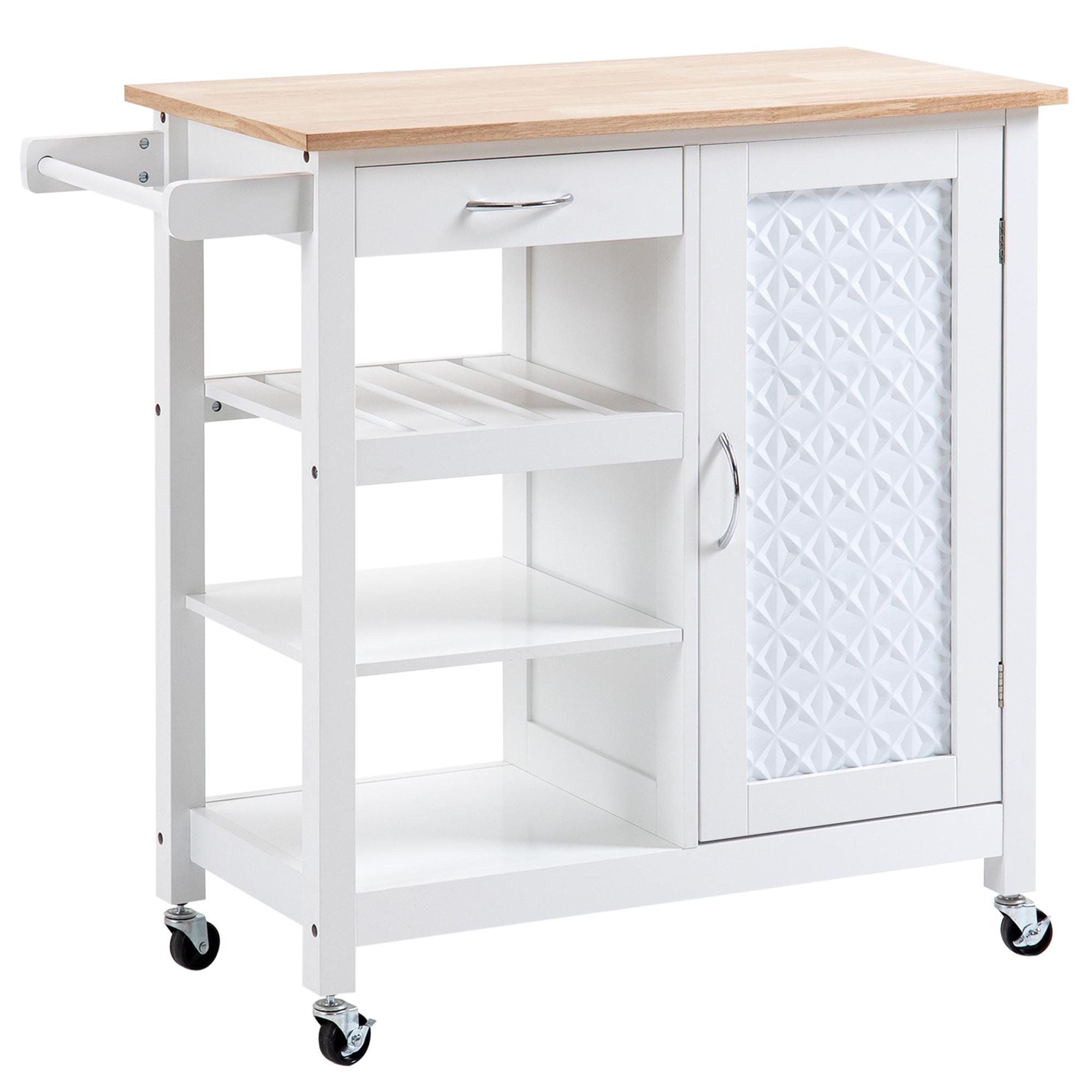 White Embossed Door Kitchen Cart with Storage