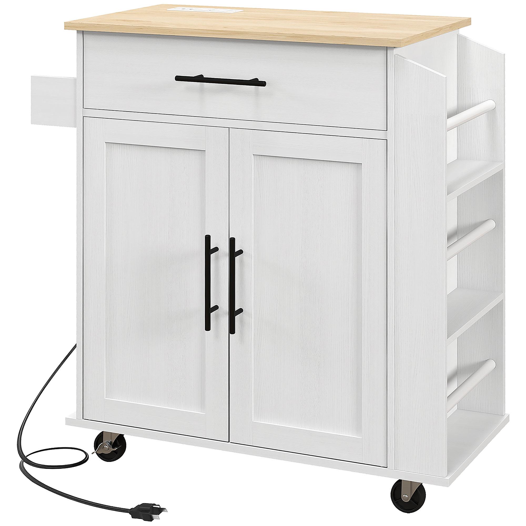 White Kitchen Cart with Charging Station and Storage