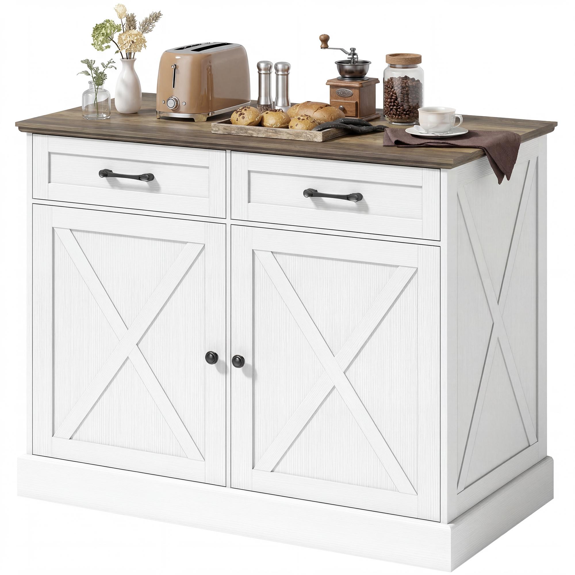 White Farmhouse Island Cabinet with 2 Drawers and Shelves