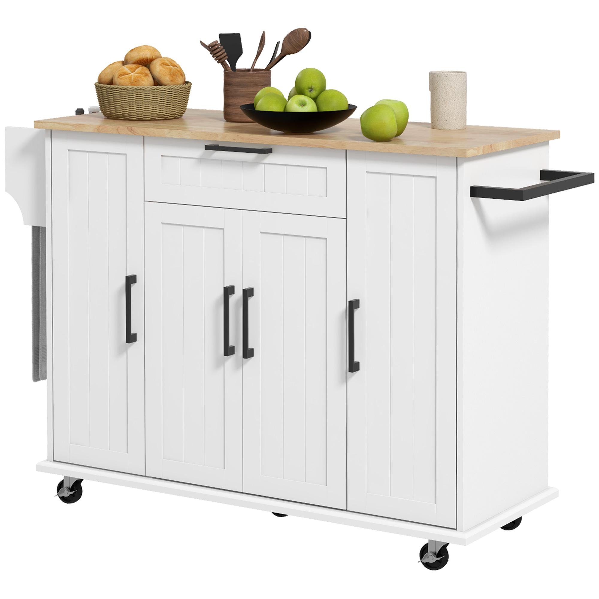 White 52 Inch Kitchen Island with Rubber Wood Top