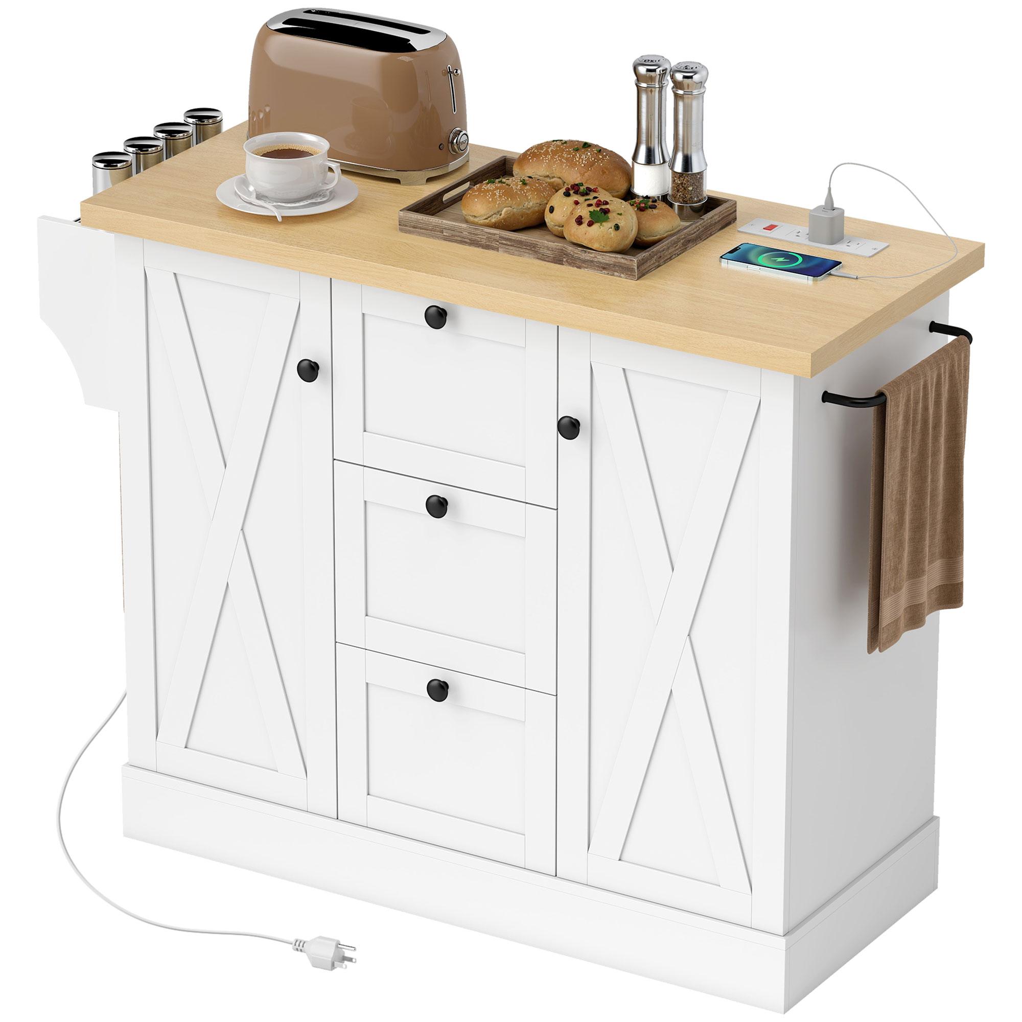 White 49 Inch Charging Island with Soft-Close Doors