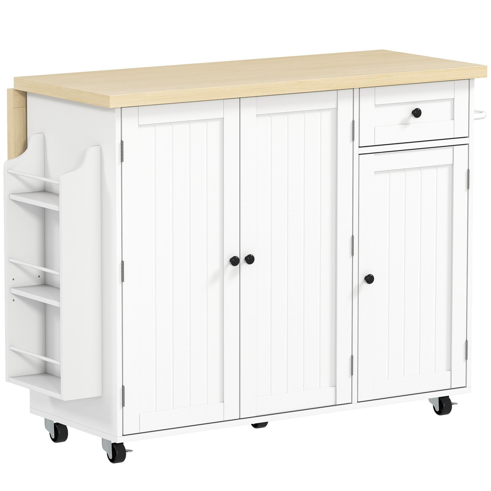 White Engineered Wood Kitchen Island with Drop Leaf