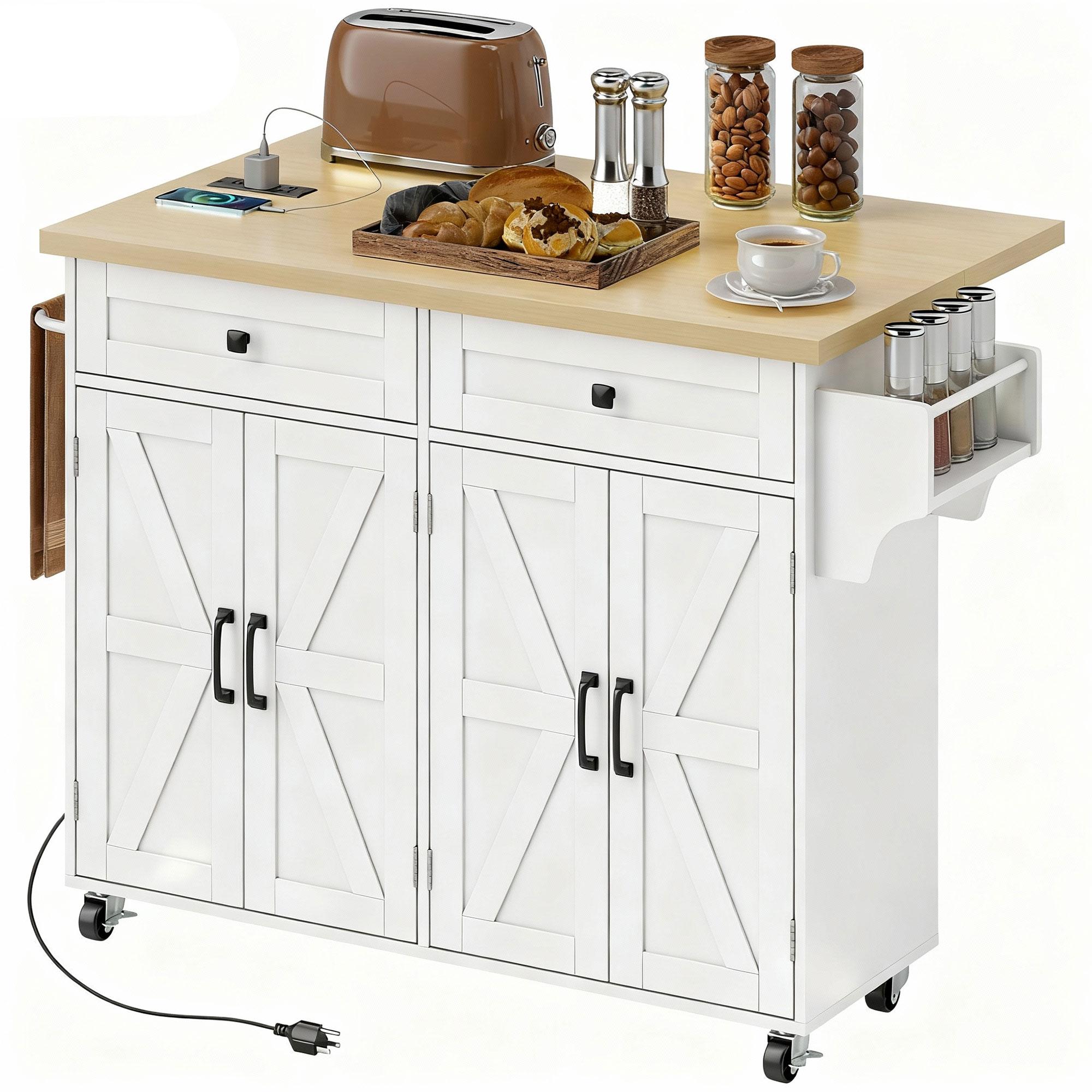 White Charging Drop Leaf Island with Storage