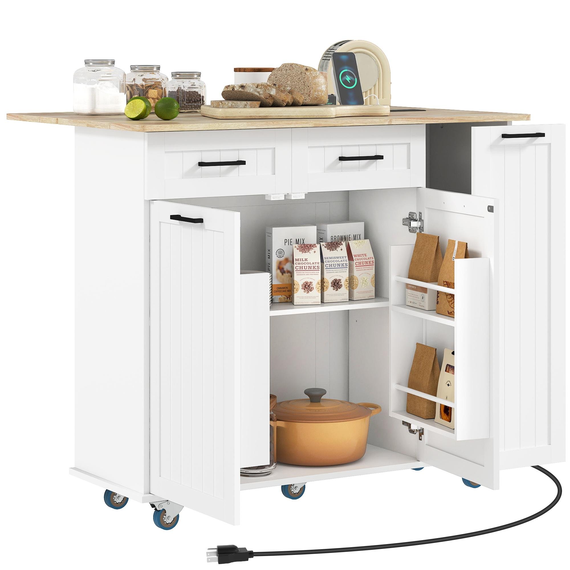 White Drop Leaf Kitchen Island with Charging Station